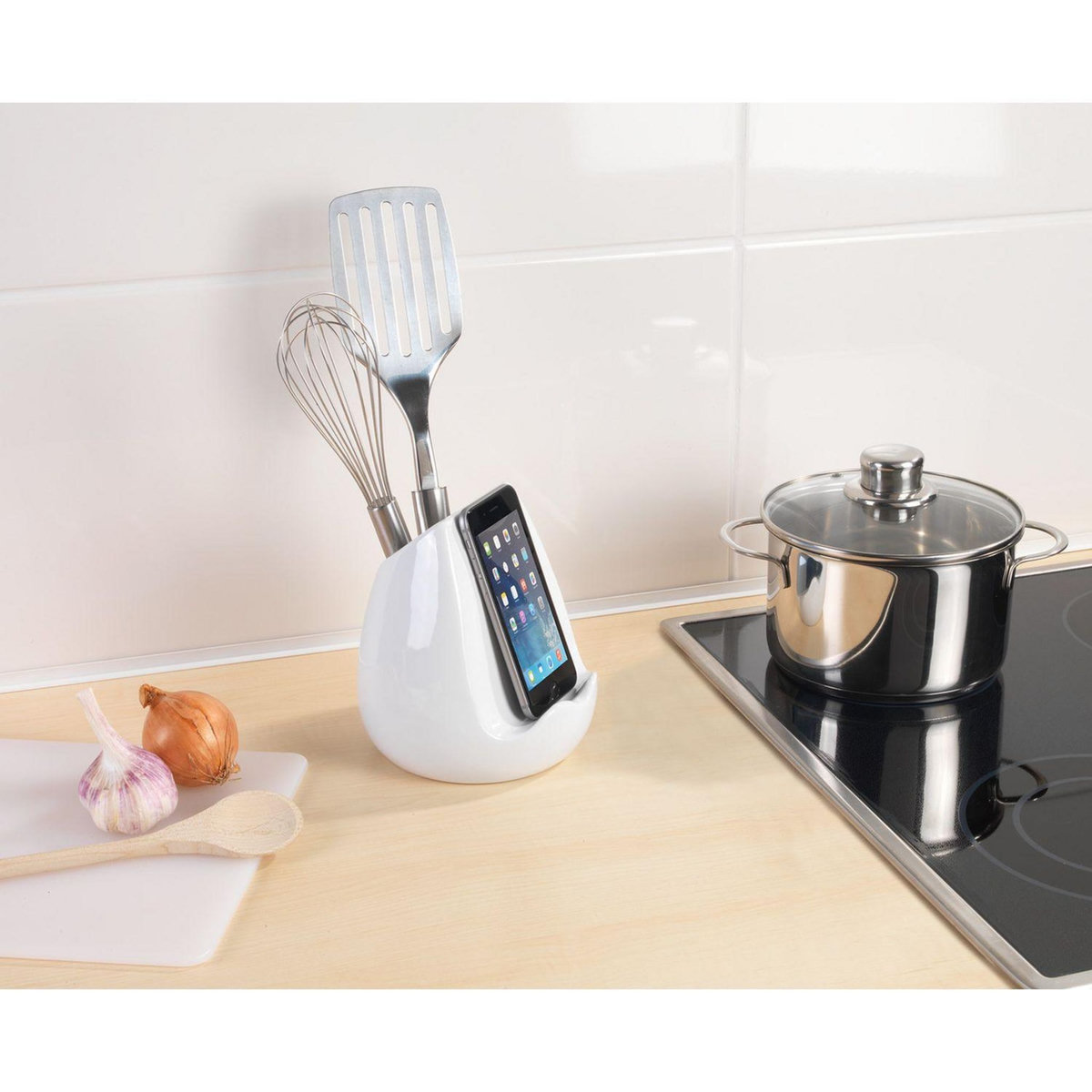 Wenko Pot pour ustensiles de cuisine et support tablette - Céramique - Blanc