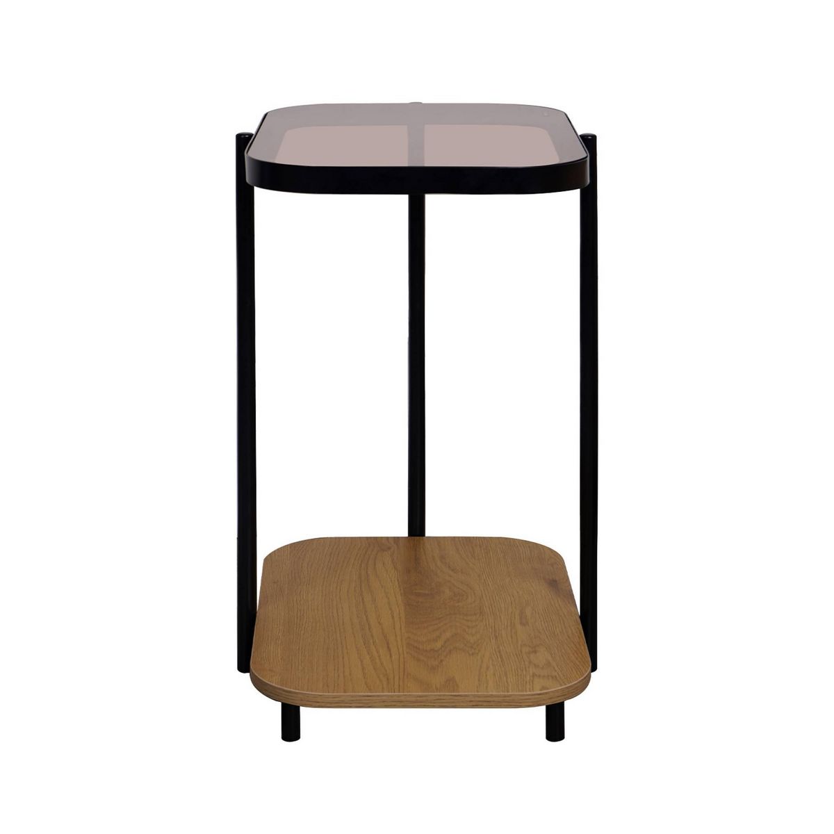 SWEEEK Bout de canapé vintage en métal noir avec 2 plateaux (verre et décor bois). bords arrondis