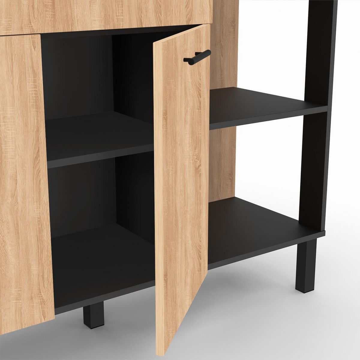 ID MARKET Buffet bas de cuisine 120 cm CINA plan de travail H.83 cm 2 portes + tiroir noir et façon hêtre