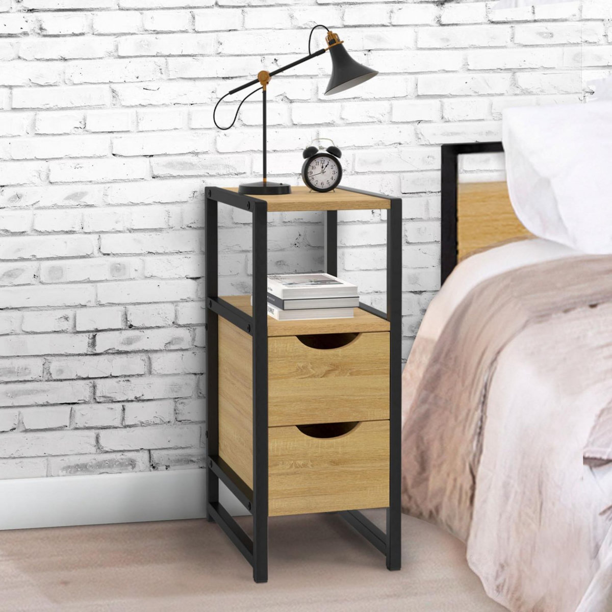 ID MARKET Lot de 2 tables de chevet DETROIT 2 tiroirs et 1 niche bois et métal noir design industriel