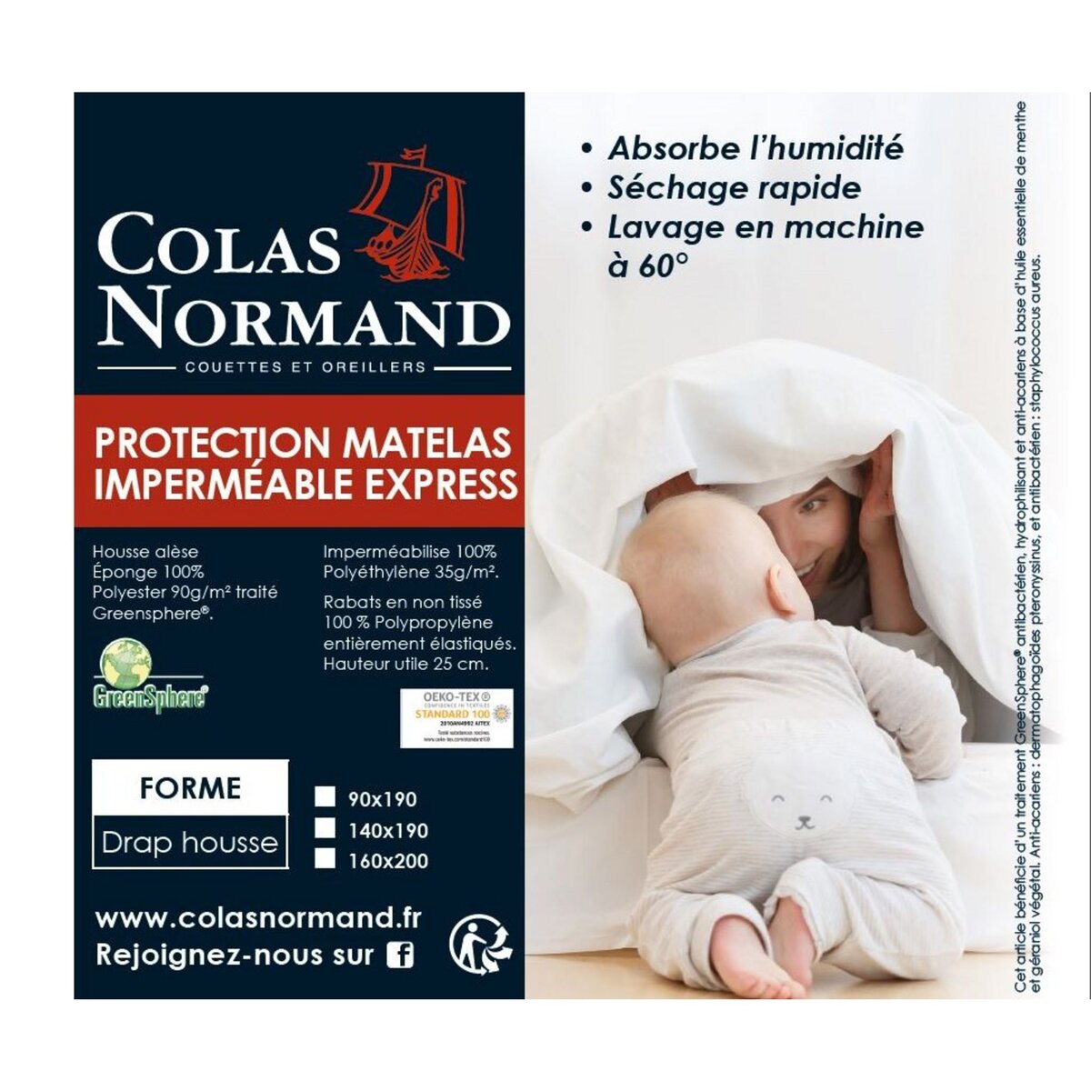 COLAS NORMAND Protège matelas polyester imperméable anti-acariens et anti-bactériens Greensphere EXPRESS