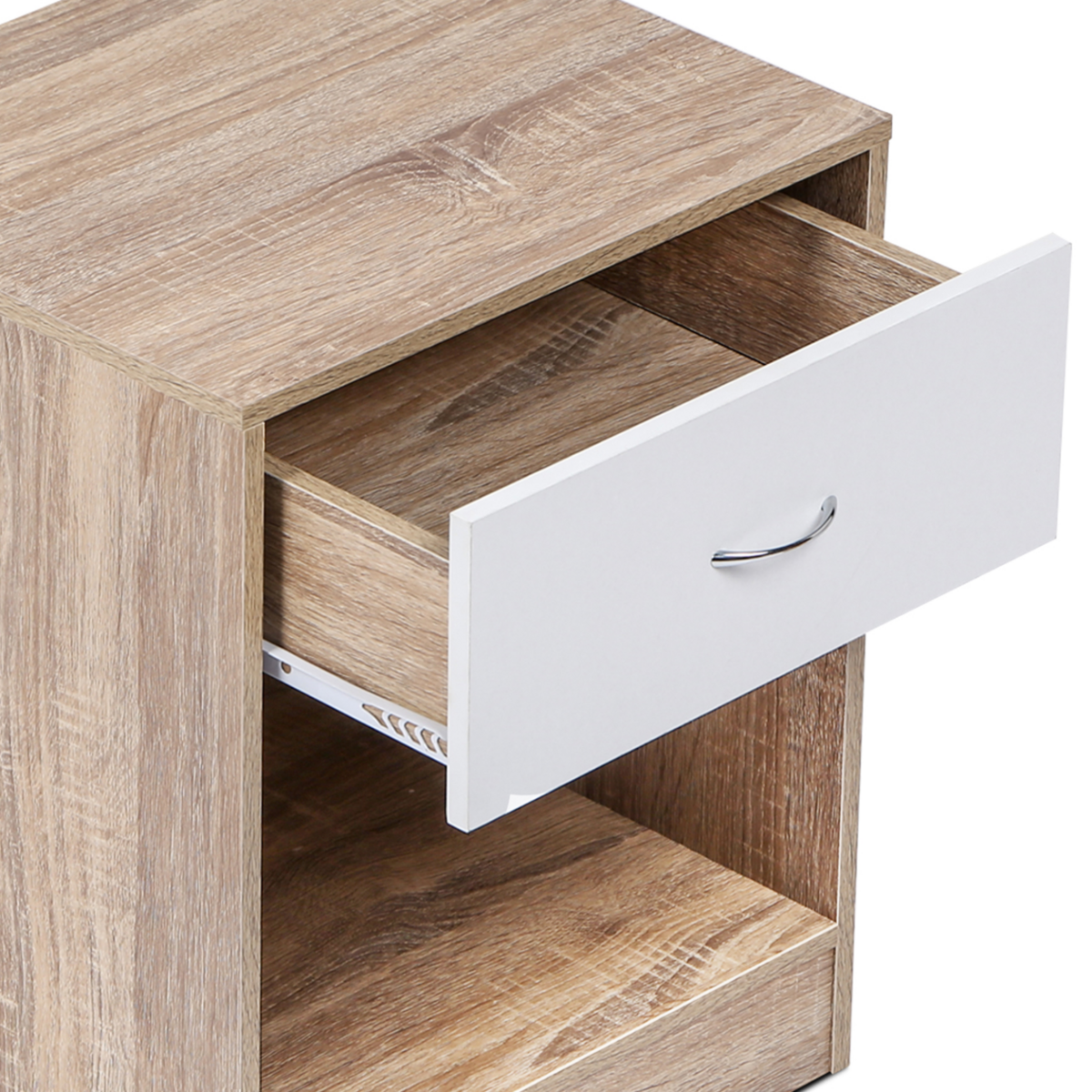 ID MARKET Lot de 2 tables de chevet OLGA 1 tiroir avec niche bois façon hêtre et tiroir blanc