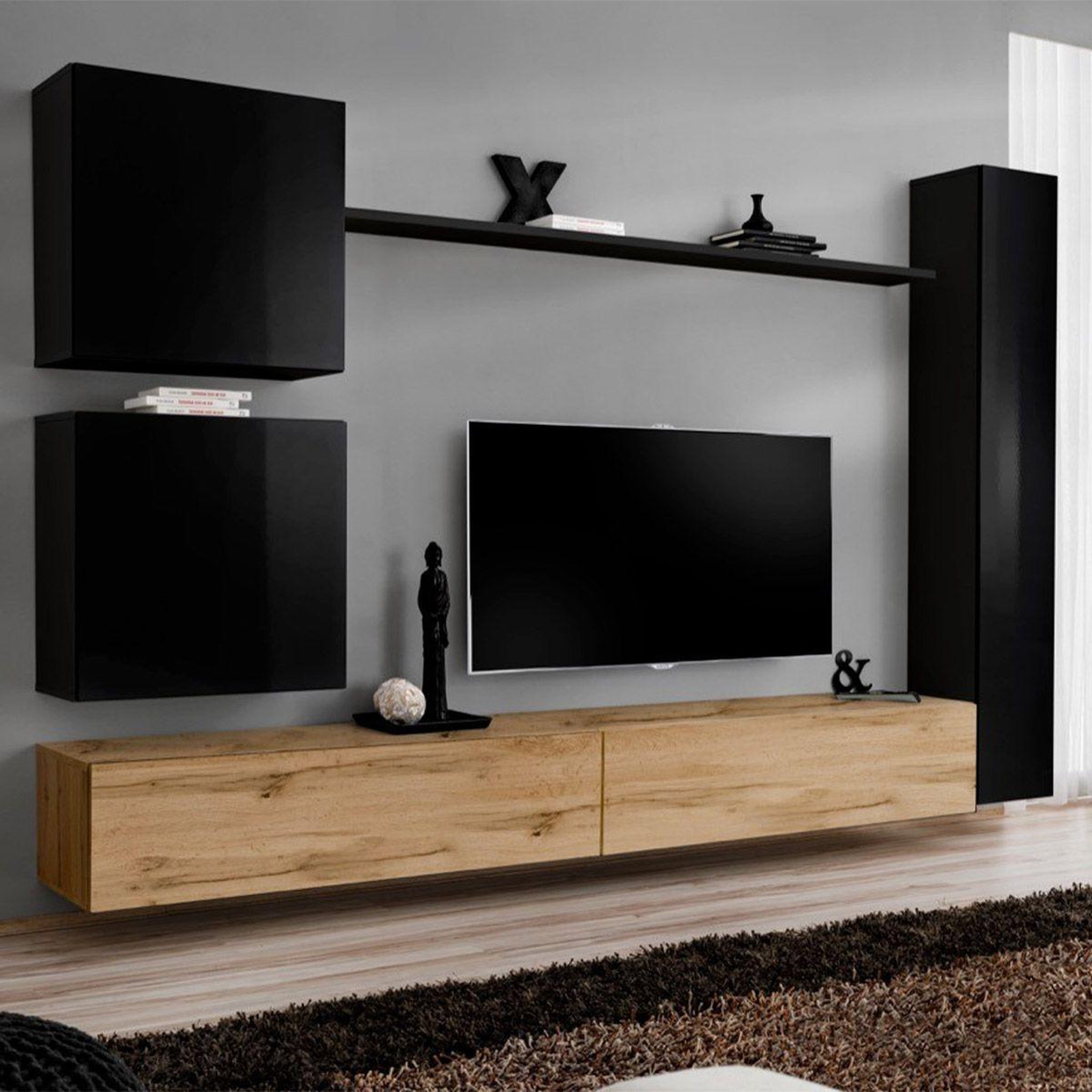 Voir la diapositive 1 : Paris Prix Meuble tv mural design  switch viii  280cm noir & naturel