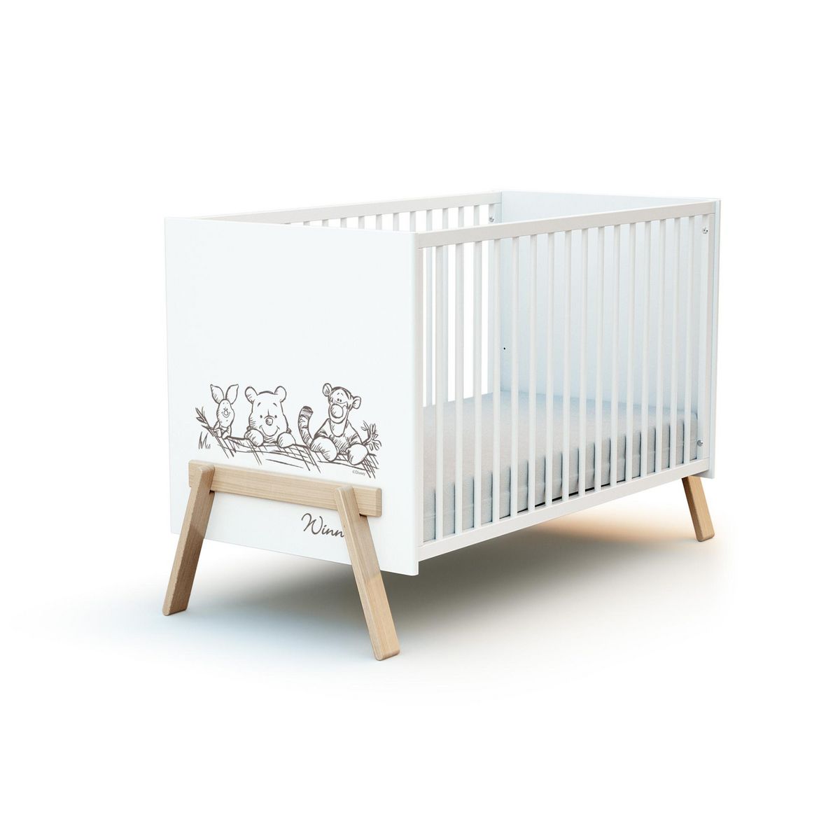 AT4 Lit bébé en bois CANAILLE Winnie Blanc et Hêtre 60 x 120 cm