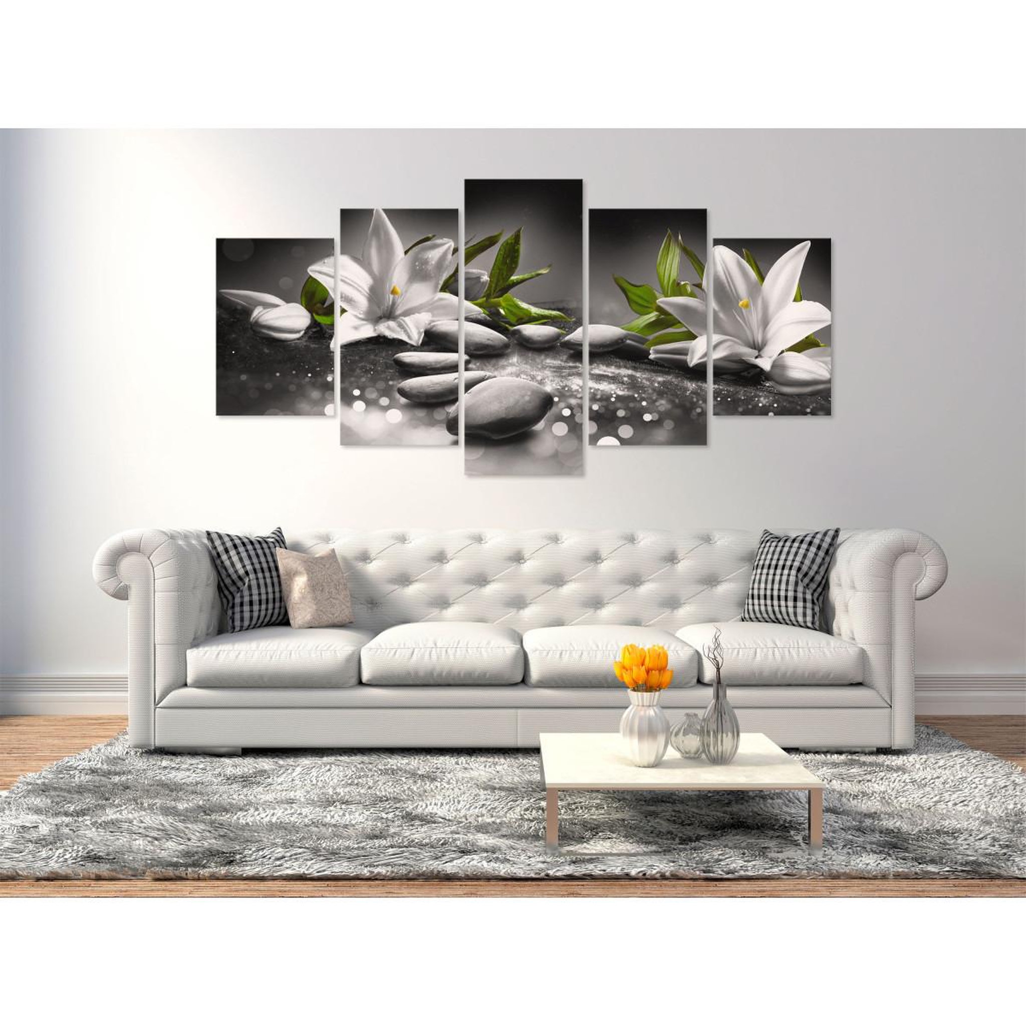 Voir la diapositive 2 : Paris Prix Tableau 5 panneaux  lilies & stones wide grey