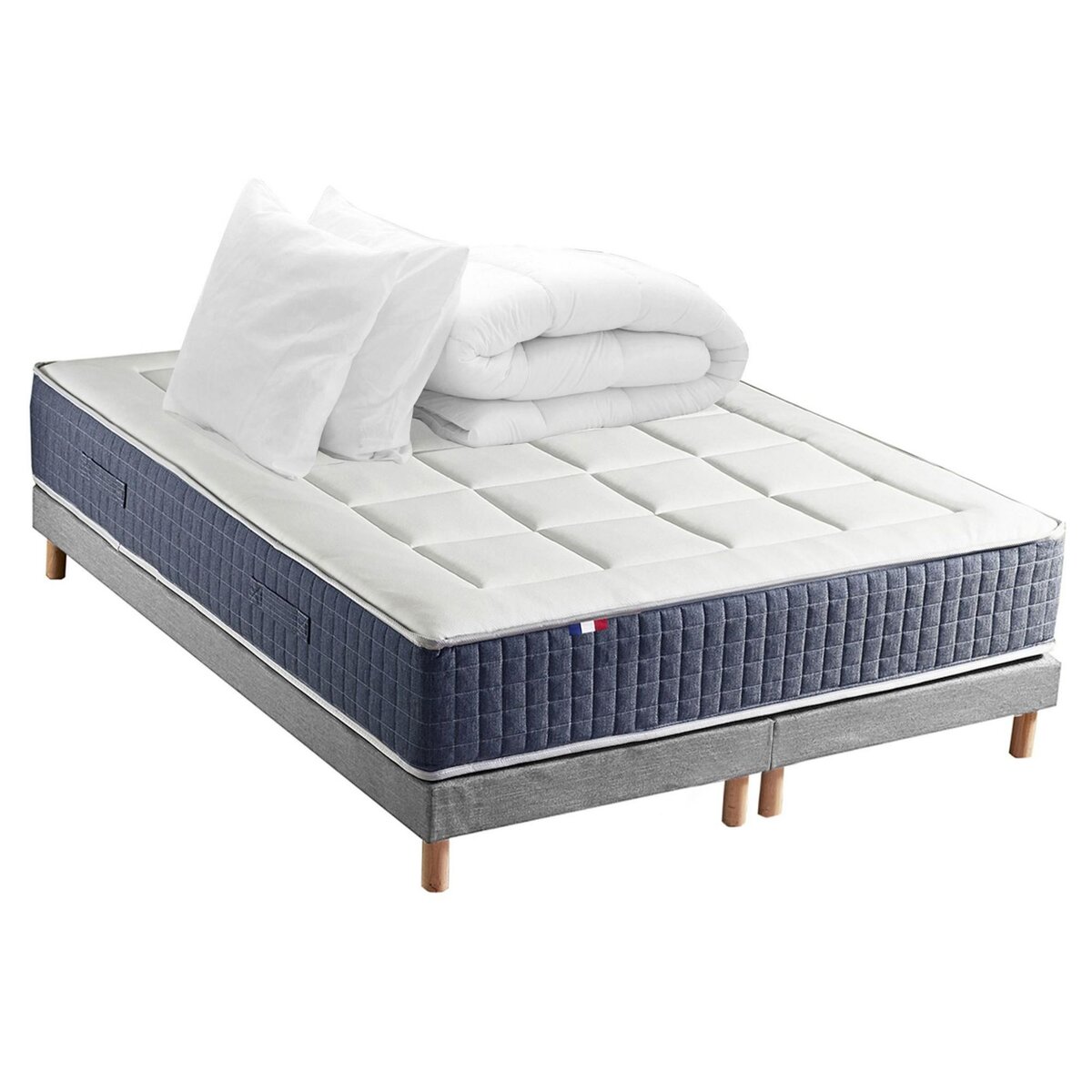 IDLITERIE Ensemble matelas ressort 7 zones KING STYLE, mémoire de forme, sommier, couette, oreillers