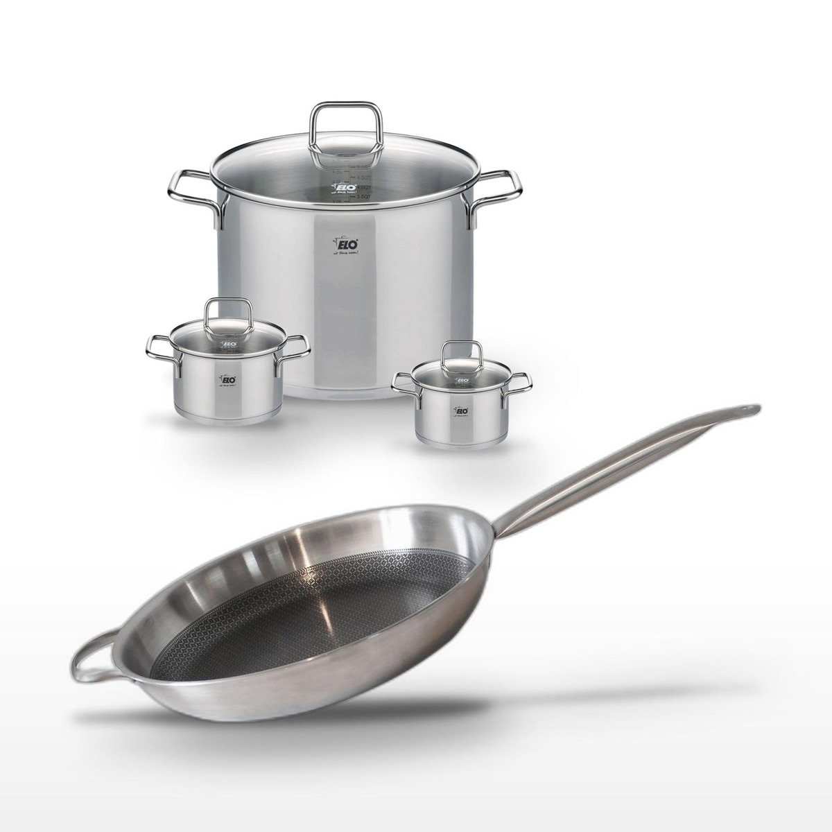 ELO Lot de 3 Faitouts Elo Relief Solution 12/14/26cm et Poêle 32cm