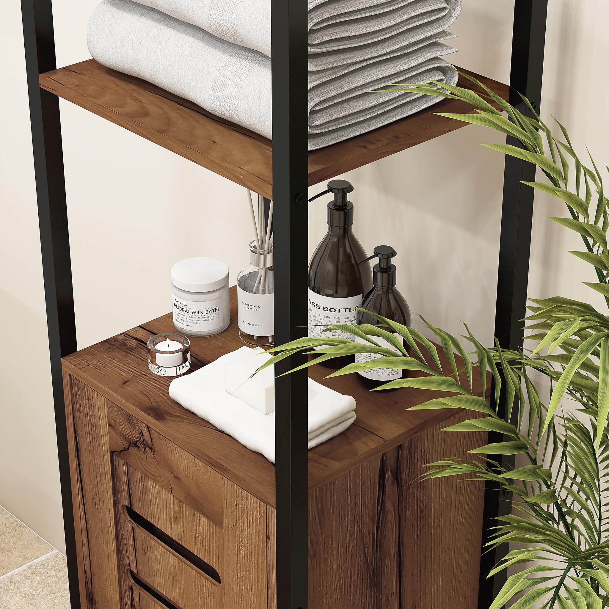 Voir la diapositive 4 : KLEANKIN Meuble colonne rangement salle de bain style cosy dim. 37L x 30l x 167H cm 3 étagères porte ajourée acier noir aspect bois