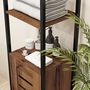 Voir la diapositive 4 : KLEANKIN Meuble colonne rangement salle de bain style cosy dim. 37L x 30l x 167H cm 3 étagères porte ajourée acier noir aspect bois