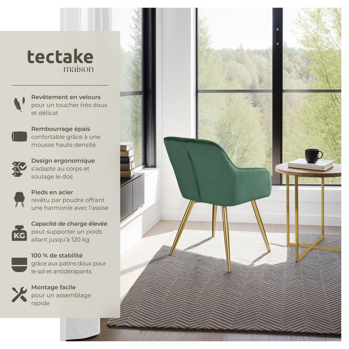 tectake Chaise rembourrée aspect velours vert foncé/or Lot de 6