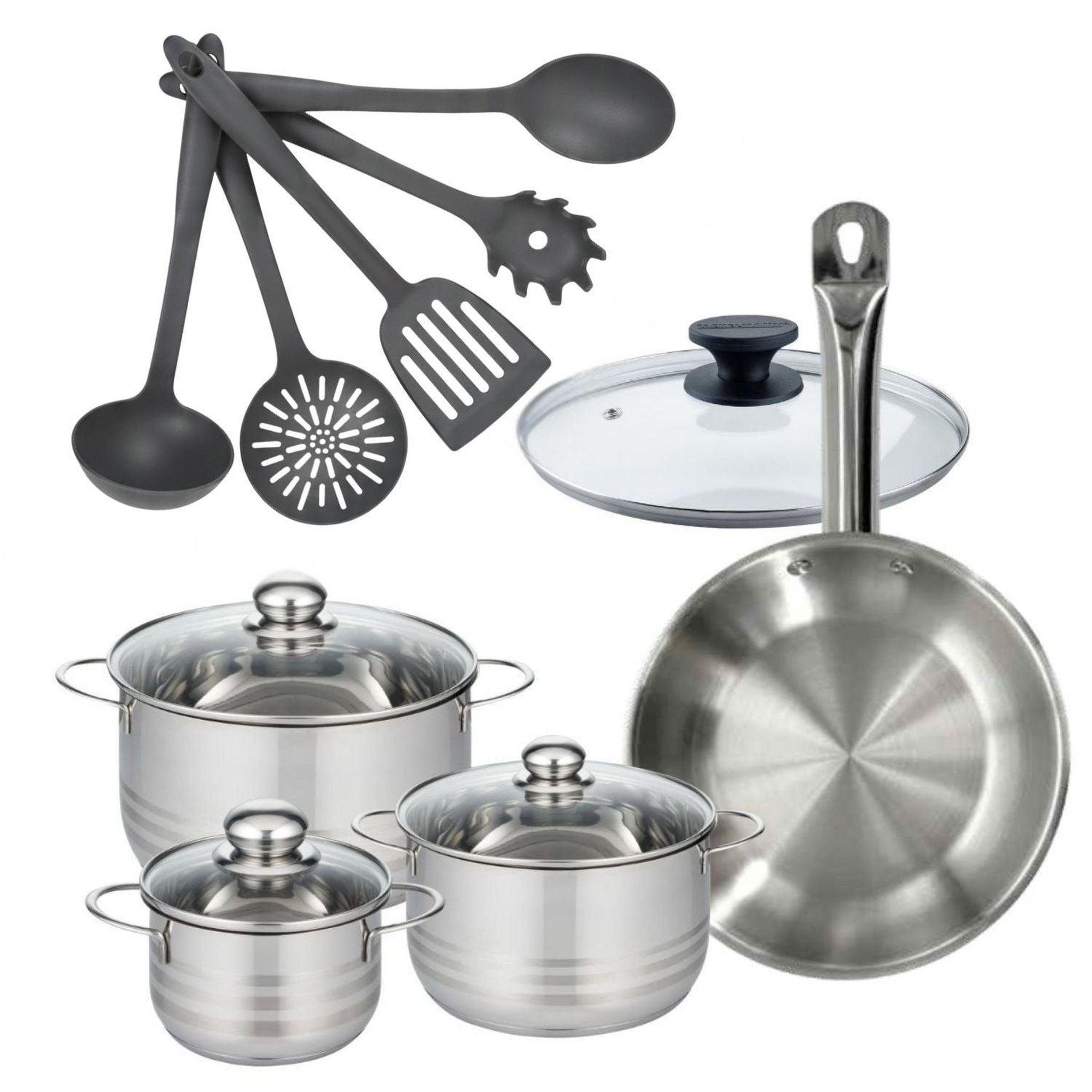 Fackelmann Batterie de cuisine avec 3 faitouts 16/20/24 cm et 1 poêle 28 cm avec 6 ustensiles de cuisine fackelmann etherna brillant clip avec couvercles