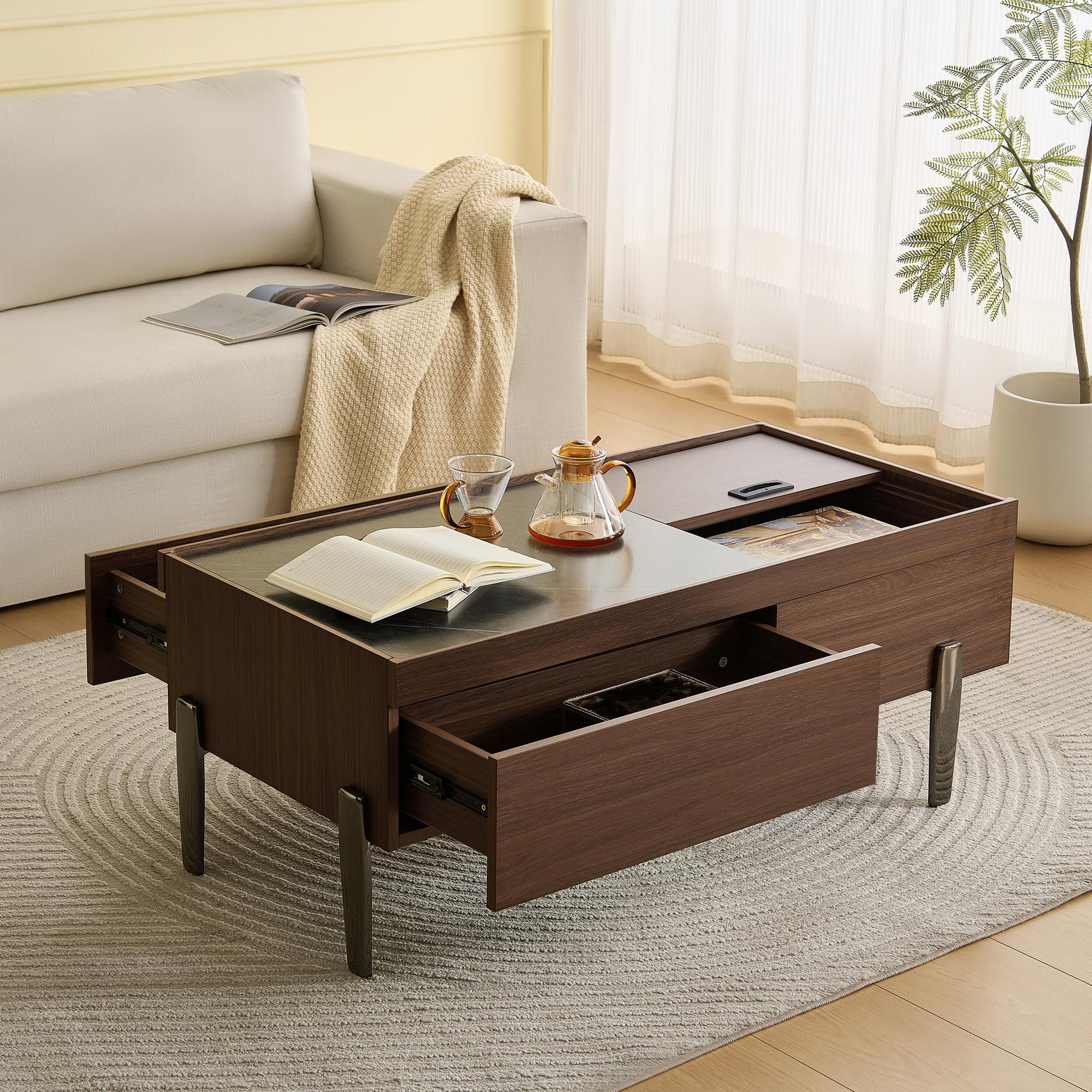 Voir la diapositive 2 : MERAX Table basse rectangulaire marron avec 2 tiroirs - 50x105 cm mdf