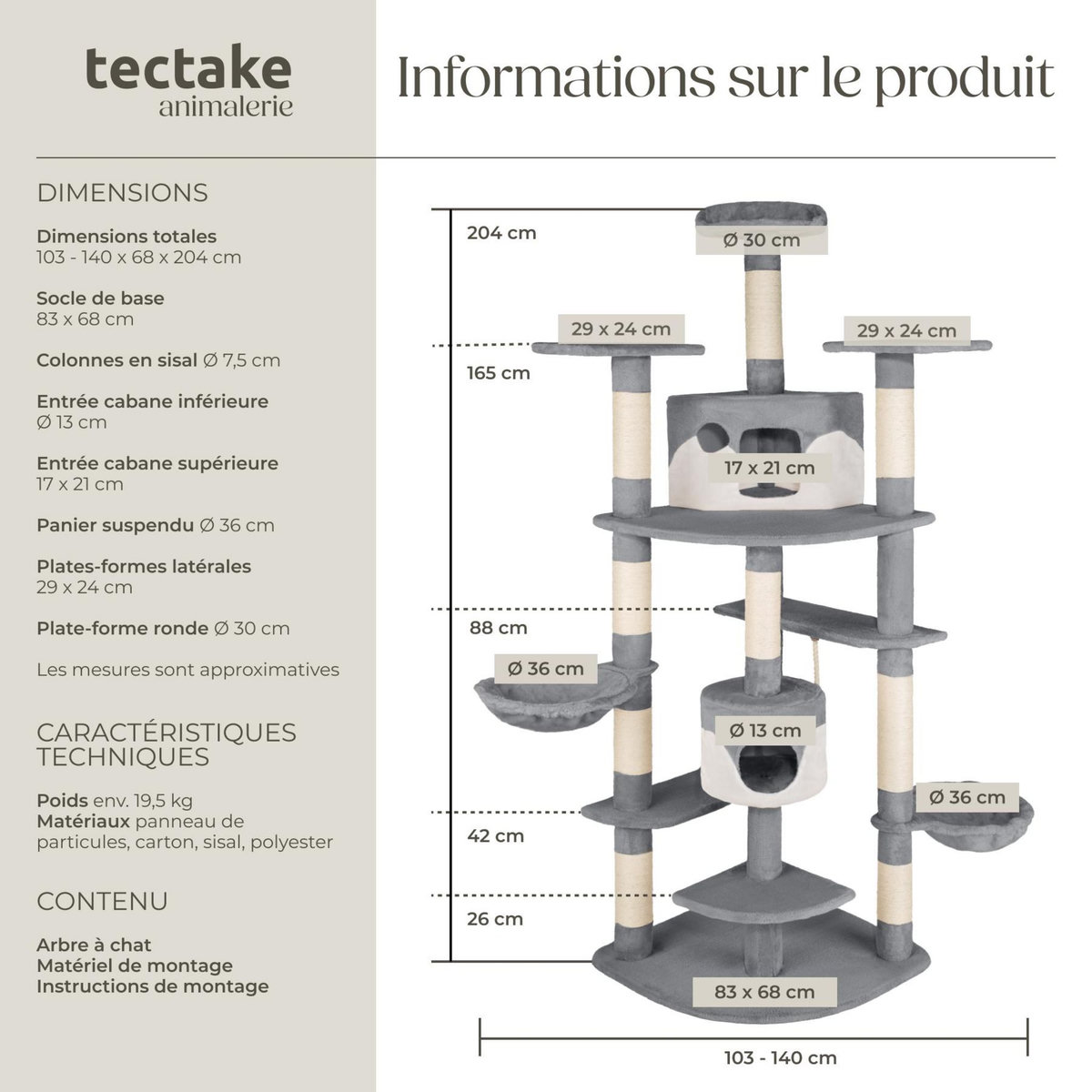 tectake Arbre à chat 204 cm avec griffoir et plateforme d'escalade gris/blanc