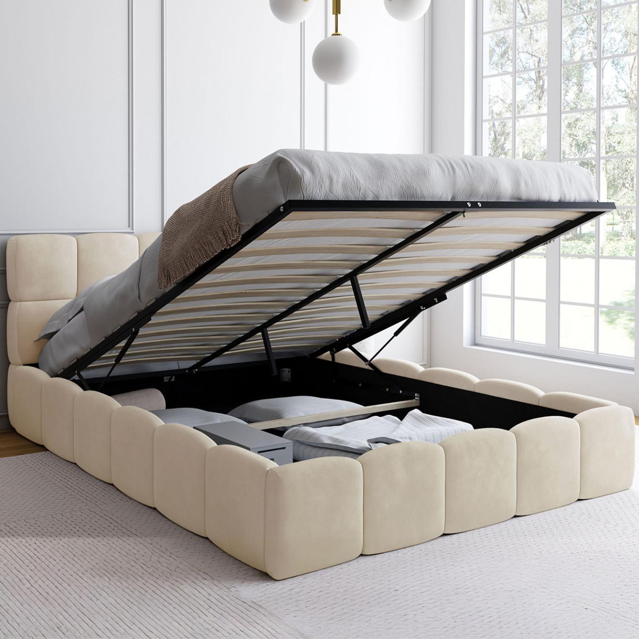 Voir la diapositive 2 : ID MARKET Lit coffre double nuage avec tête de lit matelassée et sommier 140 x 190 cm velours beige