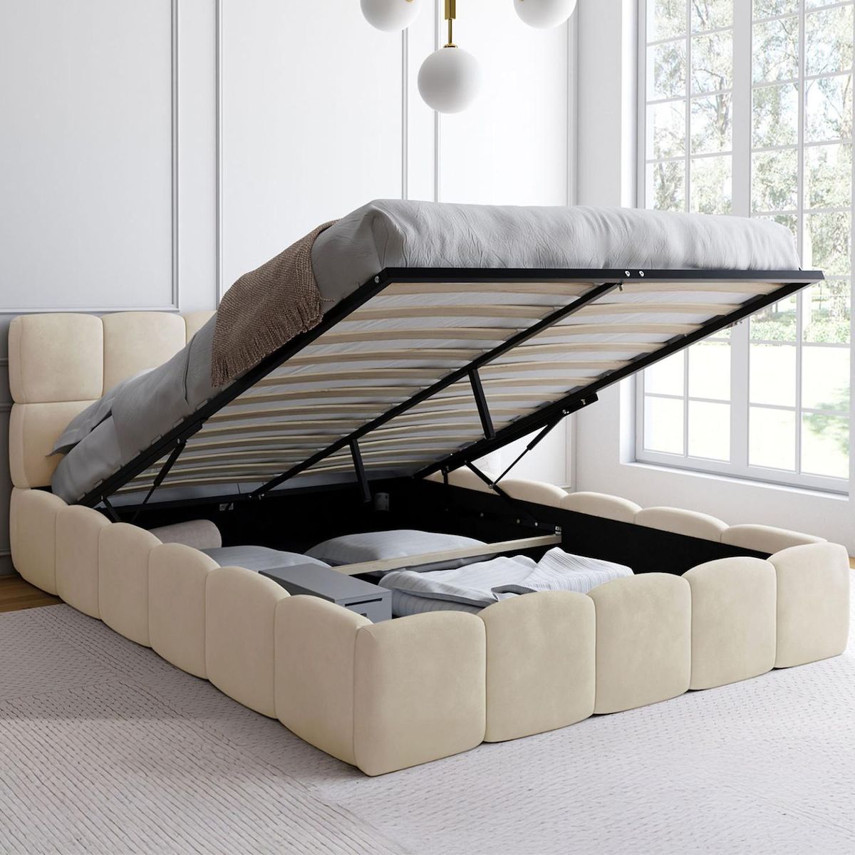 ID MARKET Lit coffre double NUAGE avec tête de lit matelassée et sommier 140 x 190 cm velours beige