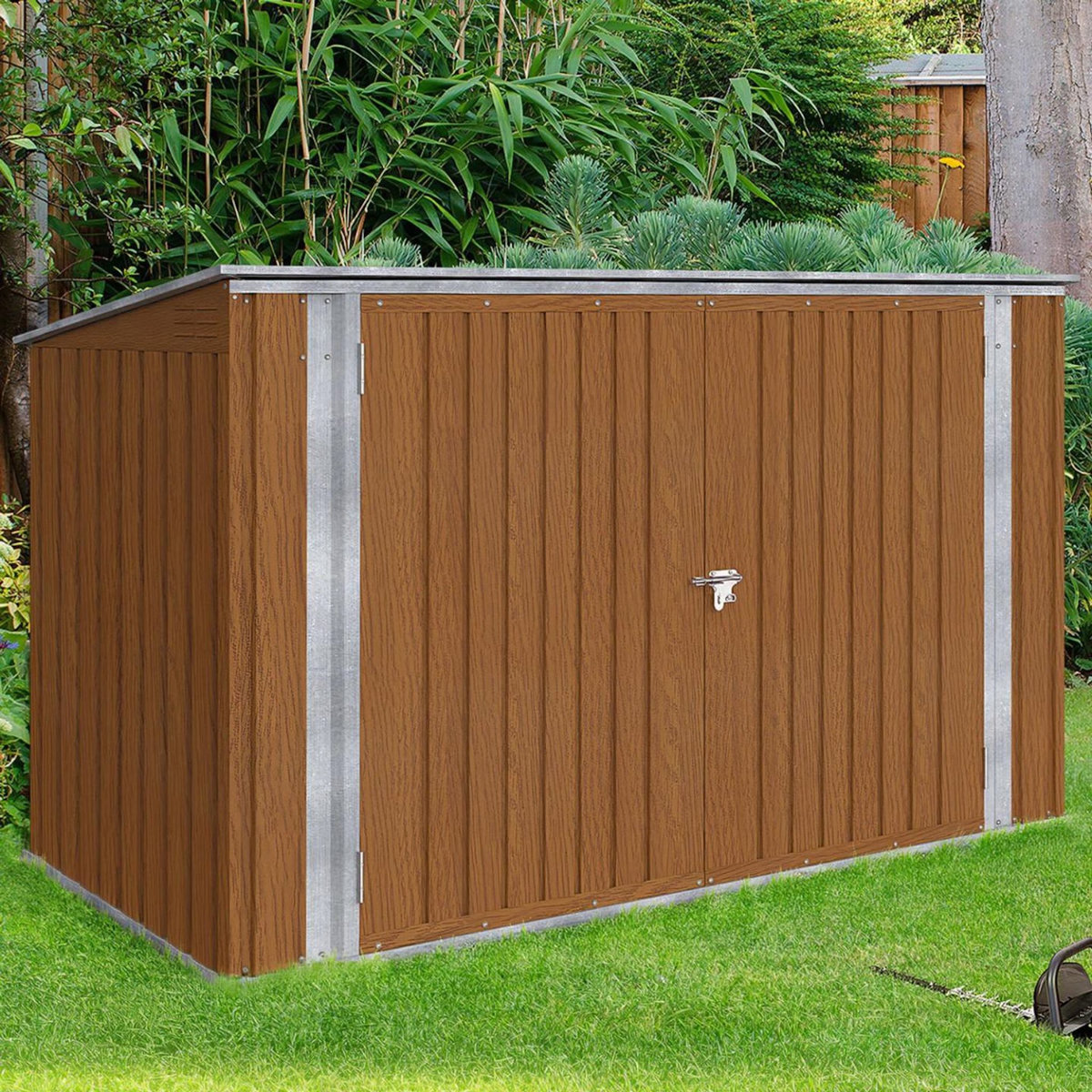 ID MARKET Abri de jardin en métal effet bois verrouillable multi-rangement pour stockage vélos, outils, poubelles