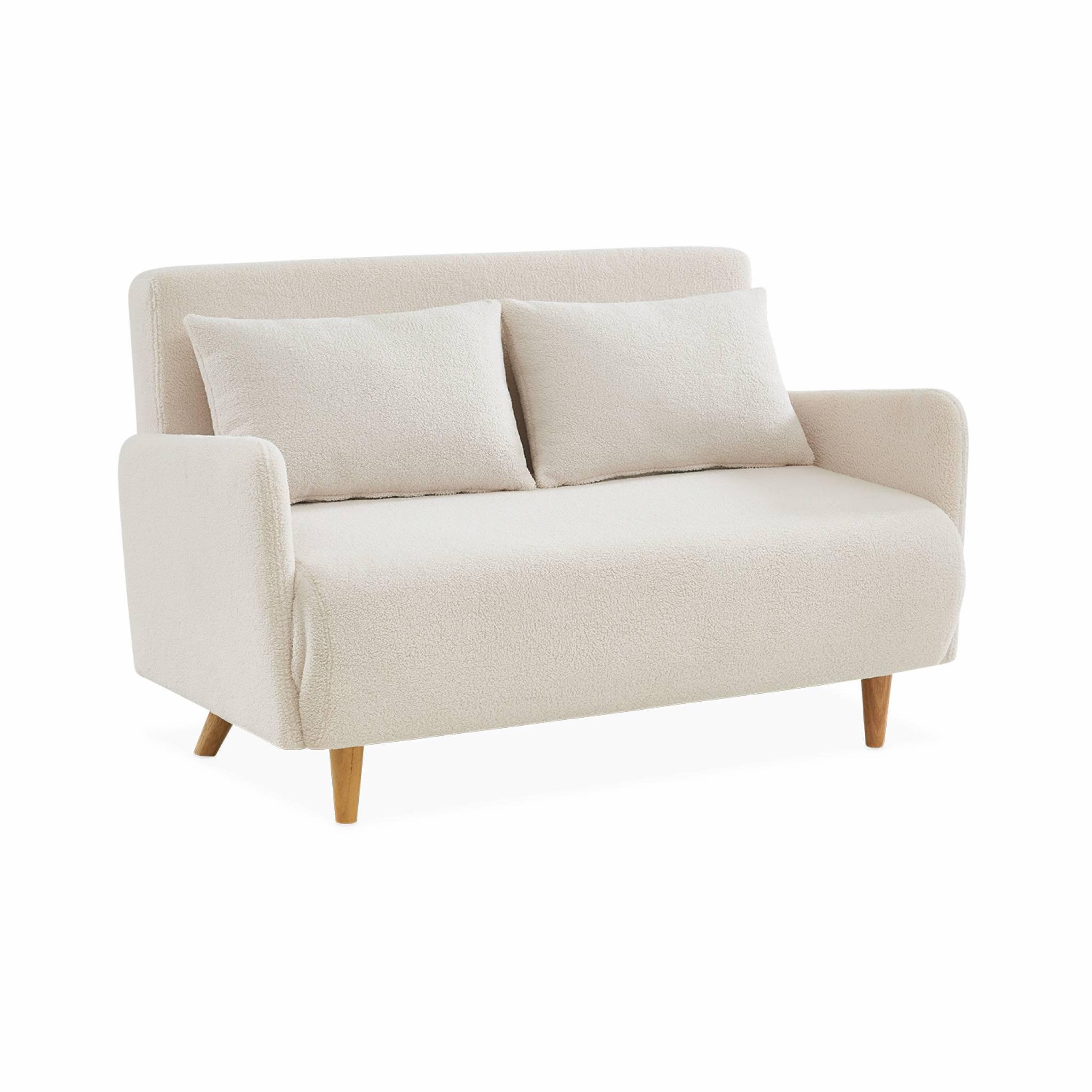 Voir la diapositive 1 : SWEEEK Canapé convertible 2 places scandinave - Panam - pieds bois. bouclettes blanches. banquette. dossier inclinable