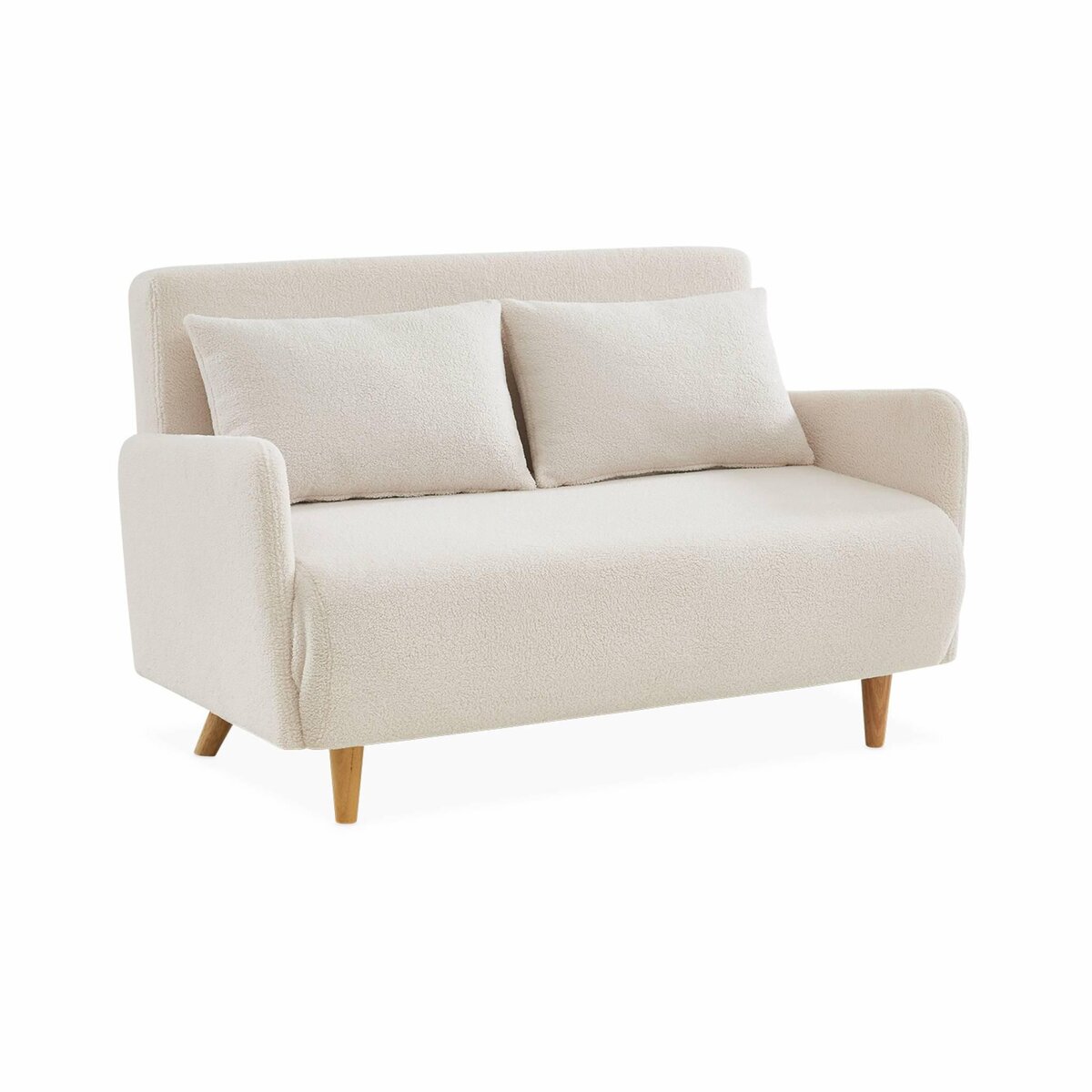 SWEEEK Canapé convertible 2 places scandinave - Panam - pieds bois. bouclettes blanches. banquette. dossier inclinable