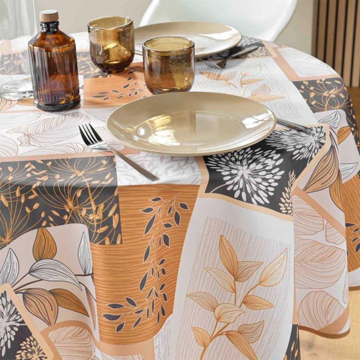 Paris Prix Nappe Ronde Antitache Imprimé  Faya  180cm Naturel