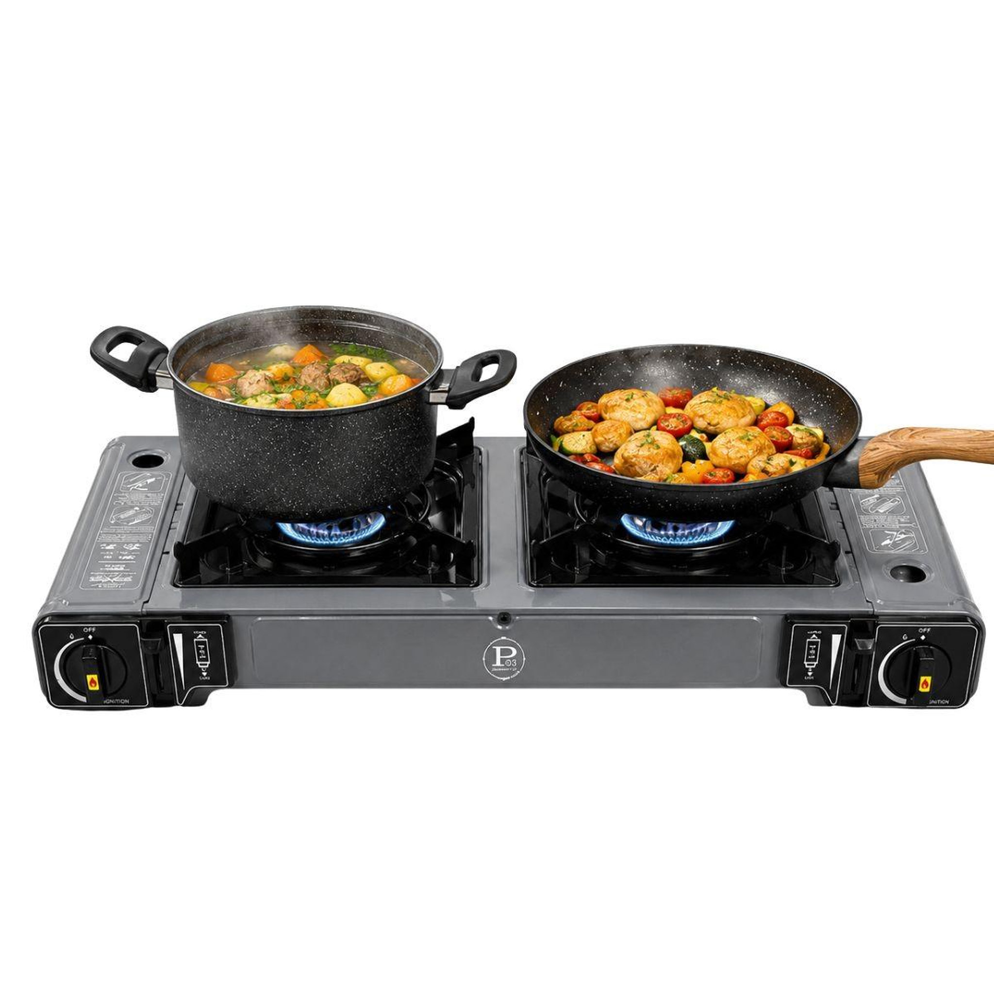 Voir la diapositive 2 : INTEC Réchaud à gaz 2 feux 3800w allumage piezo + 8 cartouches gaz butane - cuisinière à gaz portable camping cuisine extérieure intec