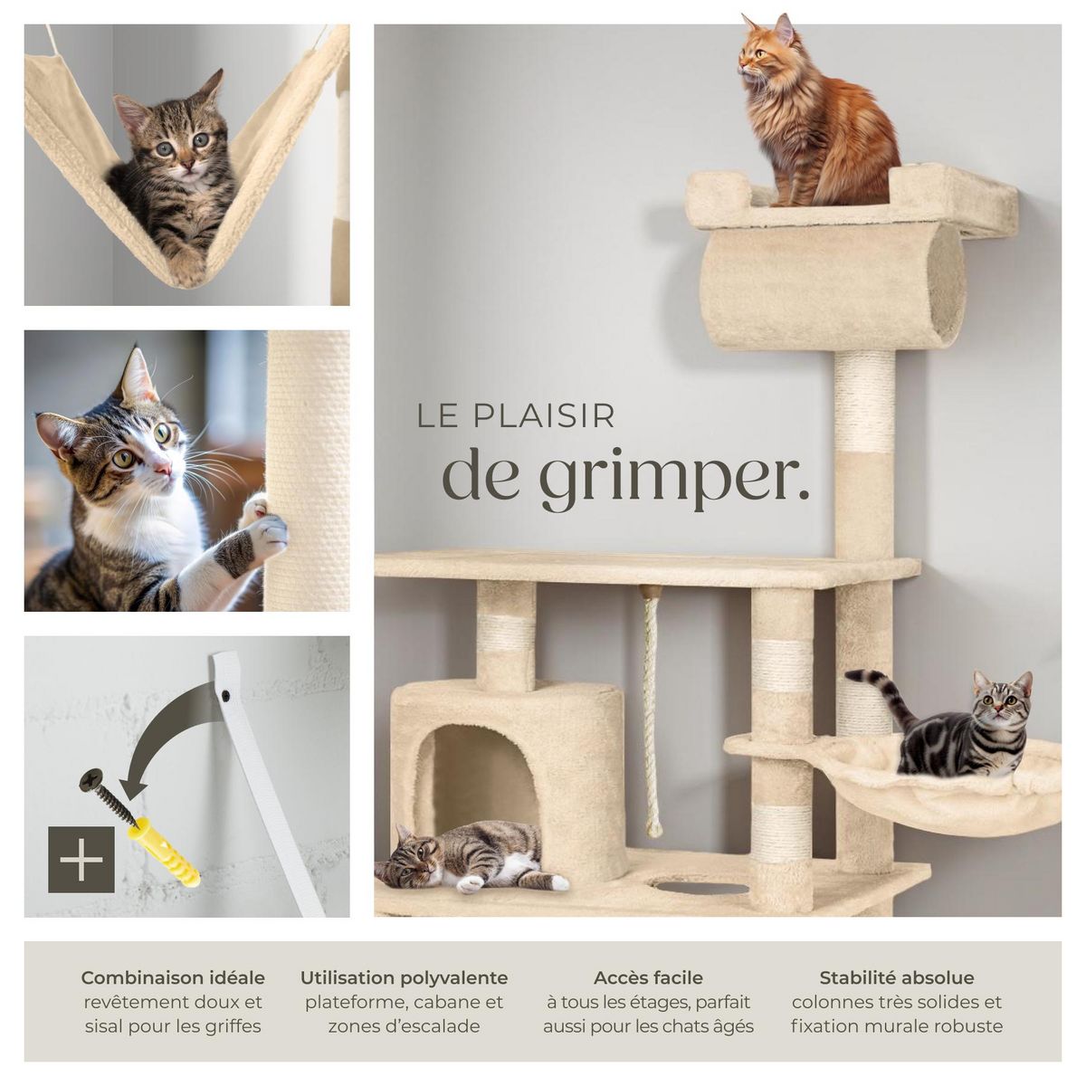 tectake Arbre à chat 141 cm avec griffoir et plateforme d'escalade beige