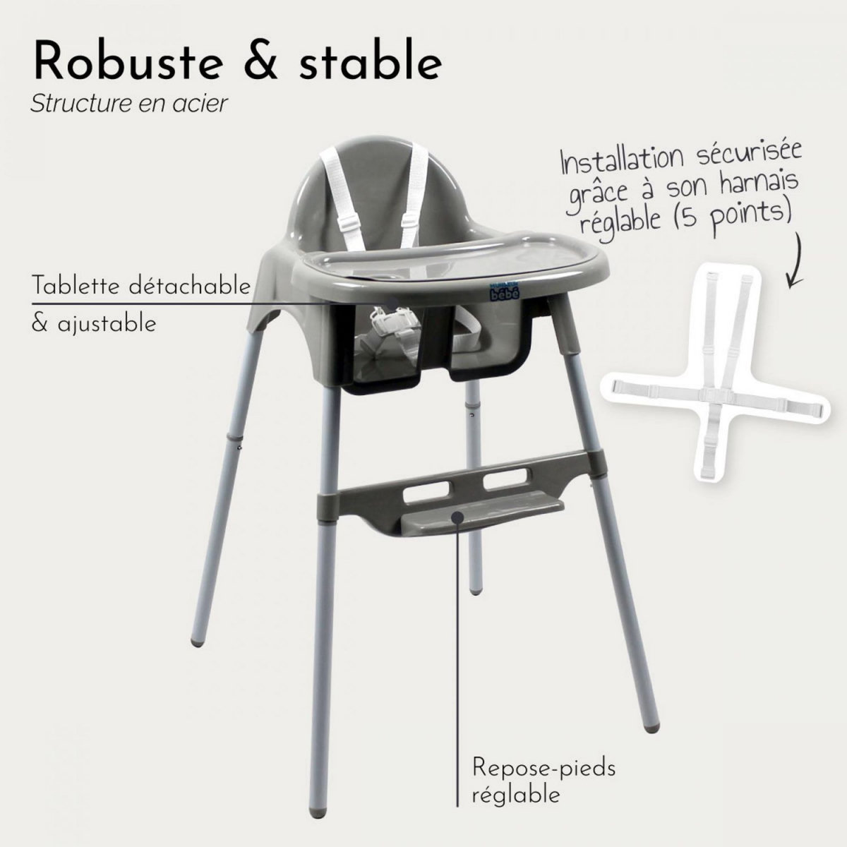 Monsieur Bébé Chaise haute bébé réglable hauteur et tablette