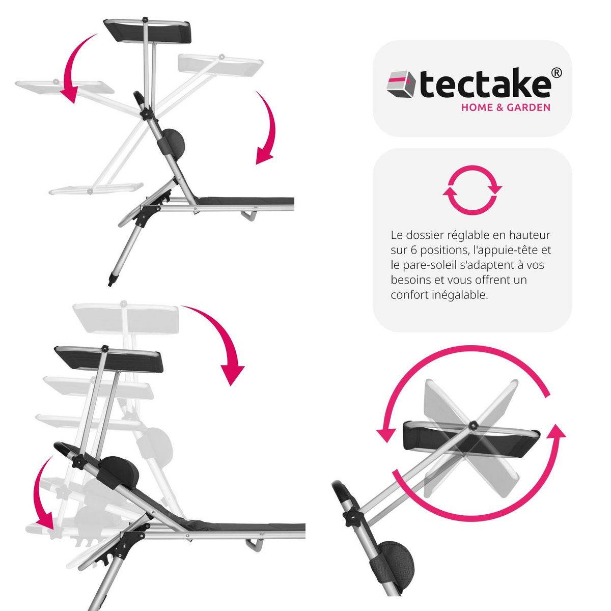 tectake Bain de soleil Transat Chaise longue Rembourrage épais, Pliable noir