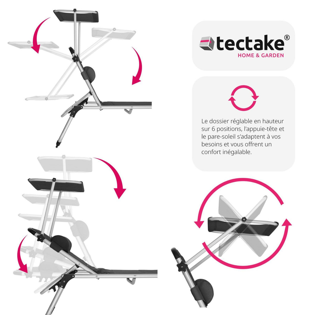 tectake Bain de soleil Transat Chaise longue Rembourrage épais, Pliable noir