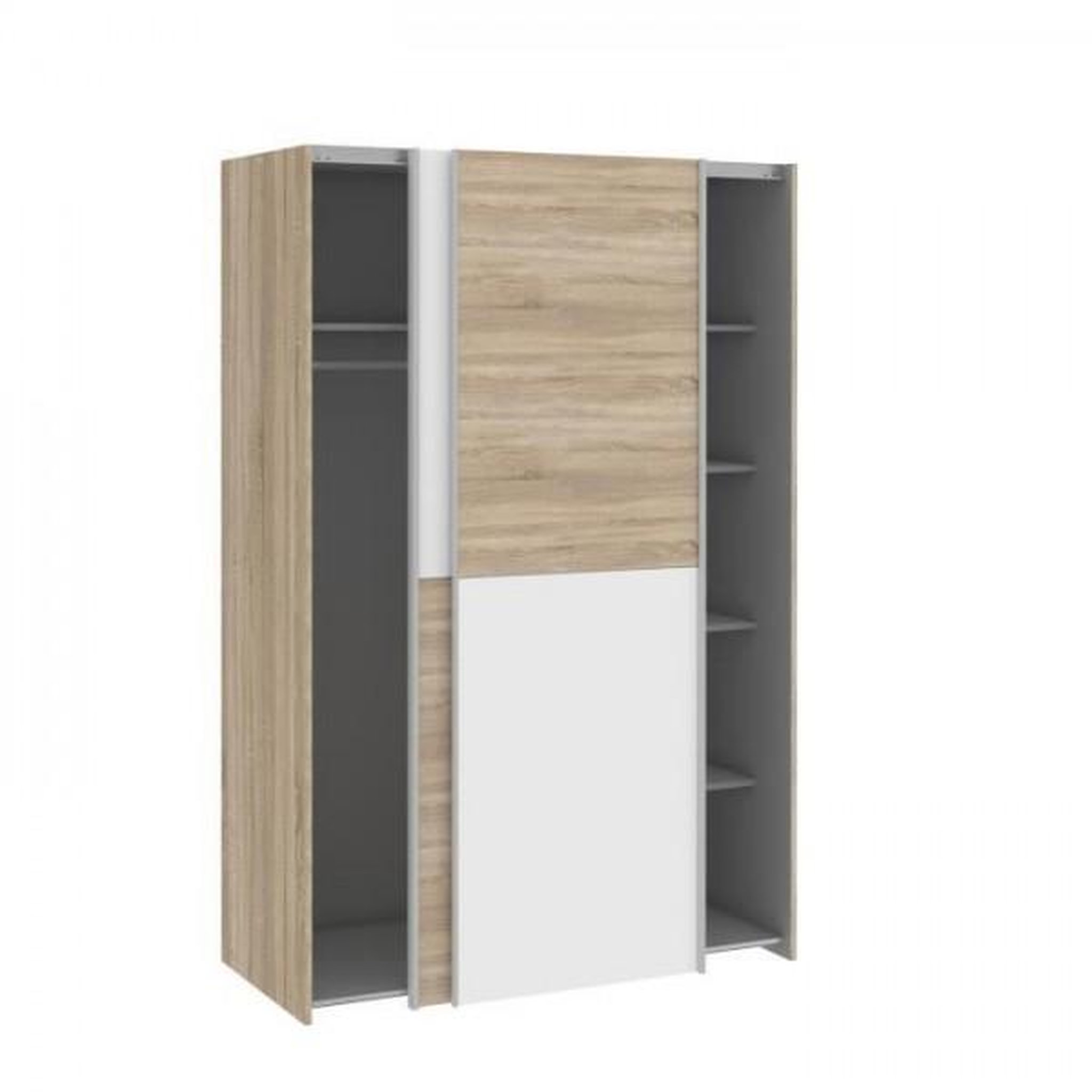 Voir la diapositive 4 : MARKET24 Armoire 2 portes coulissantes - Panneaux de particules - Blanc mat et décor chene - L 120 x P 61,2 x H 190,5 cm - OZZULA