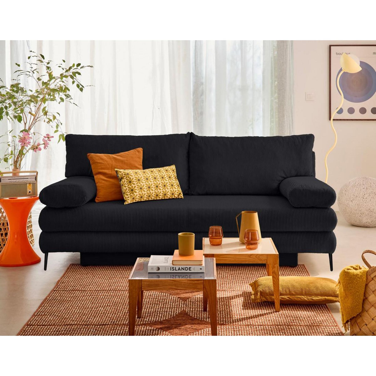 BEST MOBILIER Elton - canapé 3 places convertible avec coffre en velours côtelé