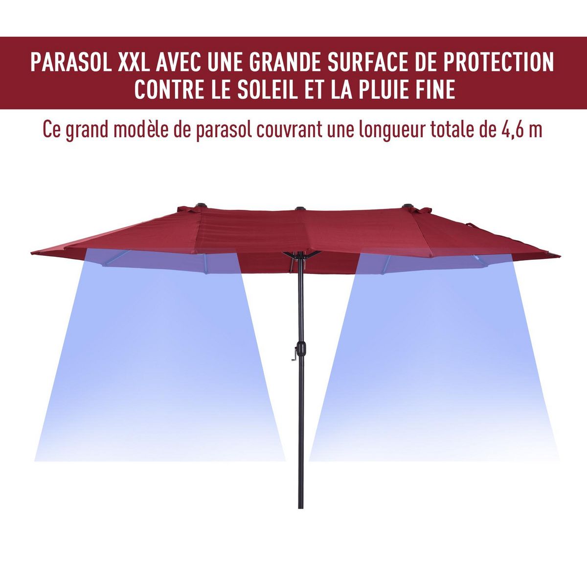 OUTSUNNY Parasol de jardin XXL parasol grande taille 4,6L x 2,7l x 2,4H m ouverture fermeture manivelle acier polyester haute densité bordeaux