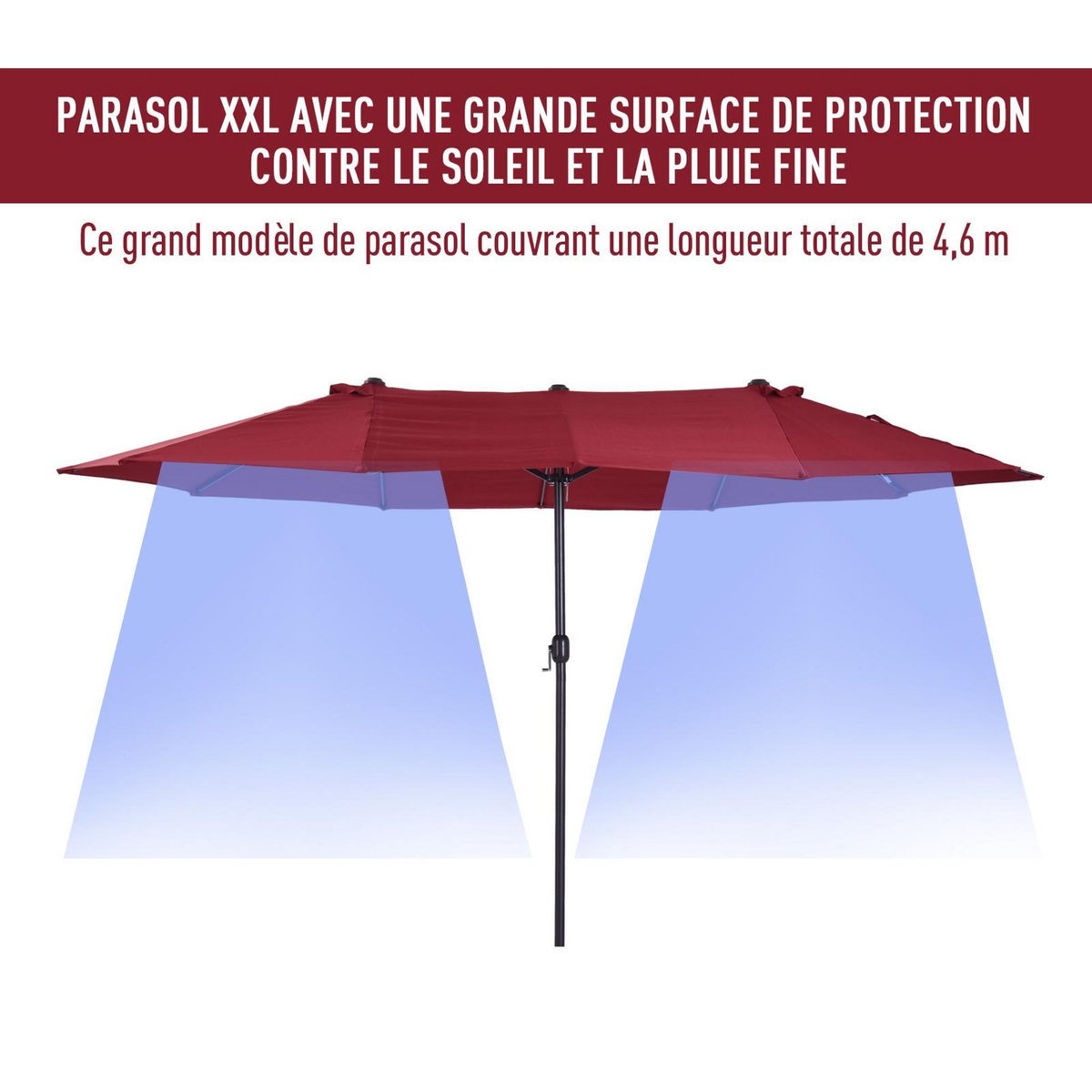 OUTSUNNY Parasol de jardin XXL parasol grande taille 4,6L x 2,7l x 2,4H m ouverture fermeture manivelle acier polyester haute densité bordeaux