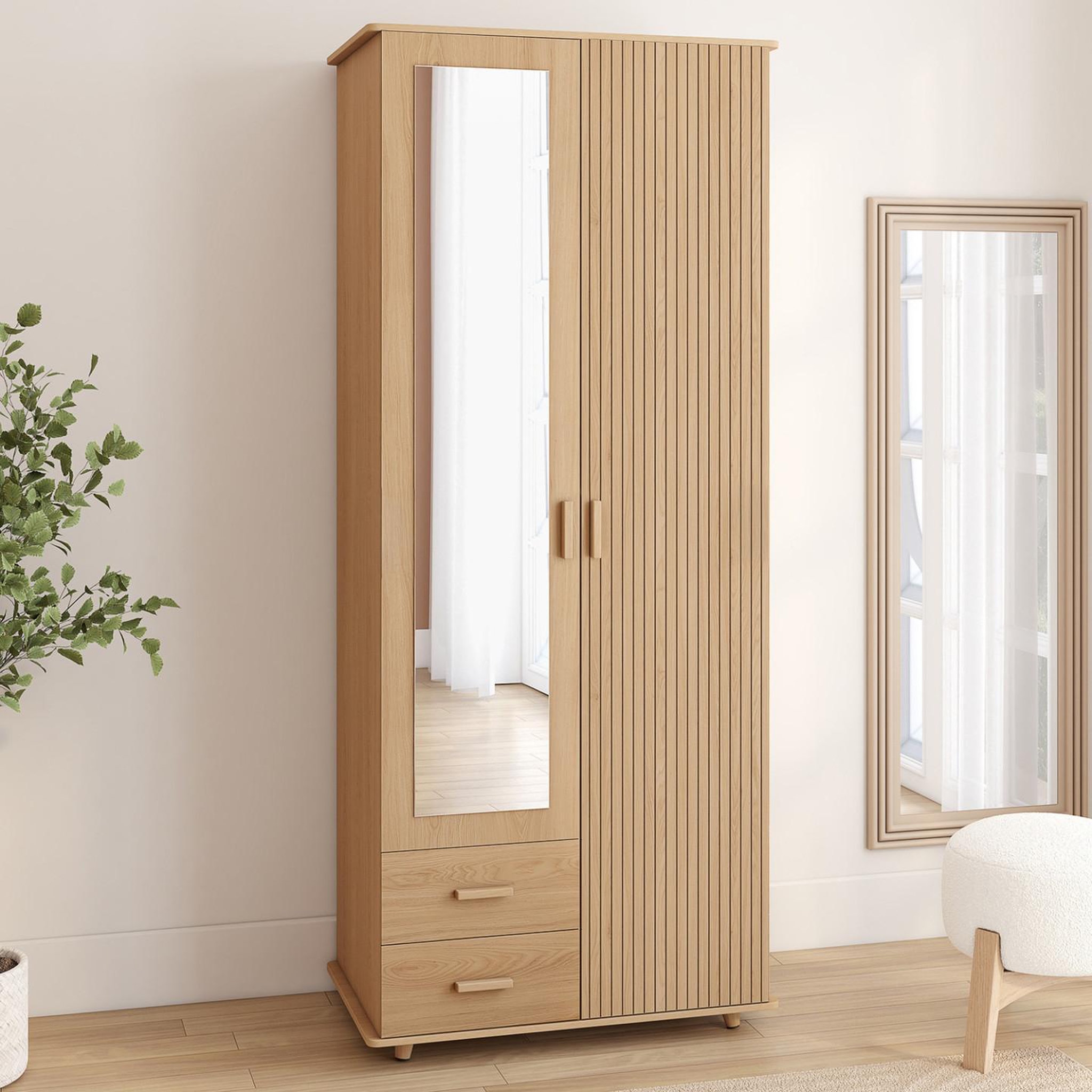 Voir la diapositive 2 : ID MARKET Armoire 2 portes juliette effet lattes tasseau bois penderie 80 cm avec 2 tiroirs, miroir et étagères