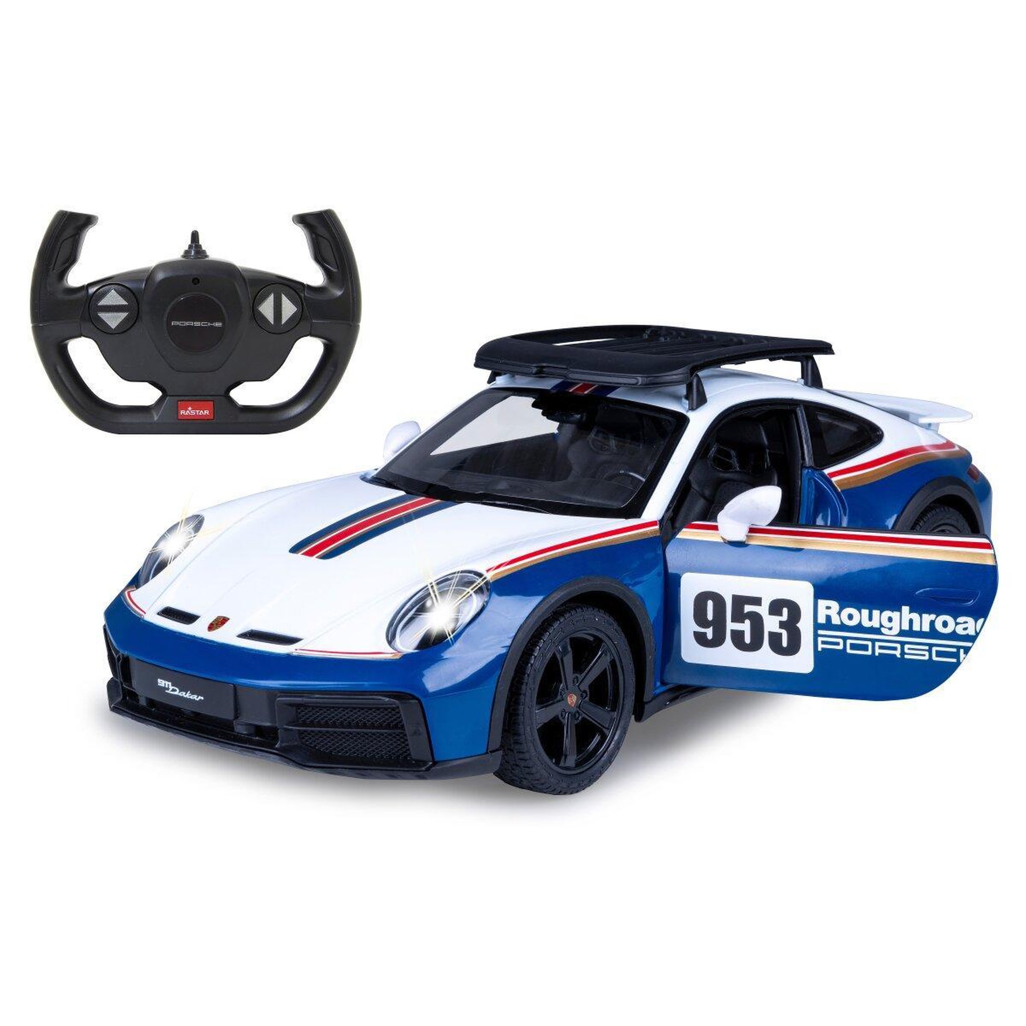 Jamara Voiture télécommandée Porsche 911 Dakar Performance 1:14 bleu 2,4GHz Porte manuell