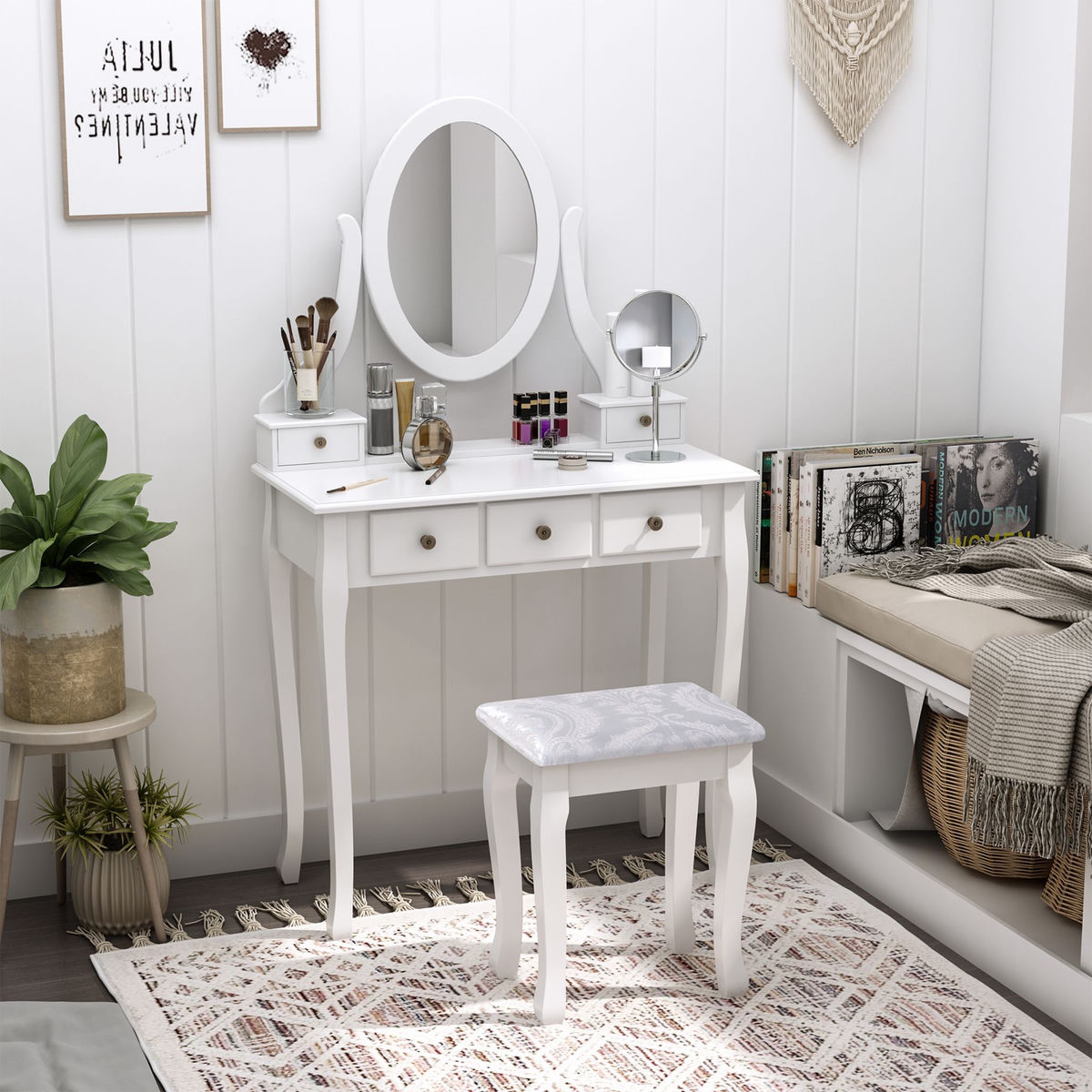 HOMCOM Coiffeuse et tabouret style baroque 5 tiroirs miroir ovale pivotant 360° MDF bois blanc