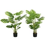 HOMCOM Lot de 2 plantes artificielles Monstera H. 120 cm tronc branches lichen feuilles de tortue grand réalisme pots inclus