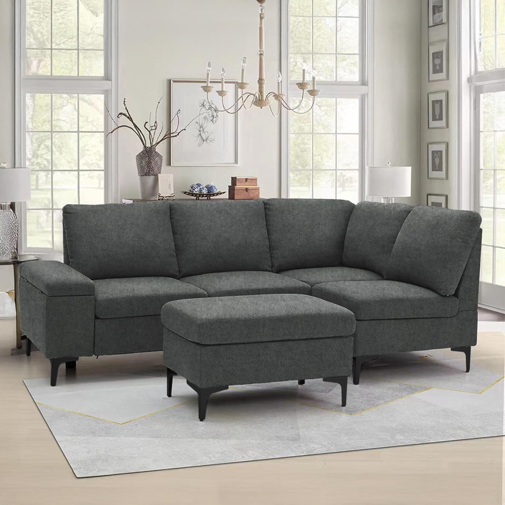 Voir la diapositive 3 : CONCEPT USINE Canapé d'angle 4-5 places en tissu chenille gris anthracite avec pouf colchester