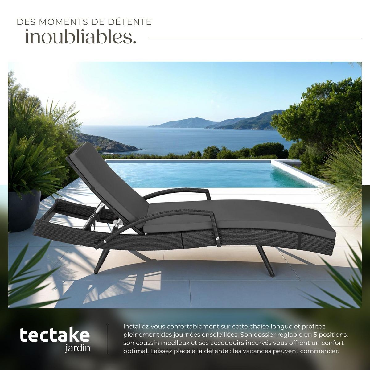 tectake Bain de soleil en rotin avec cadre en aluminium noir