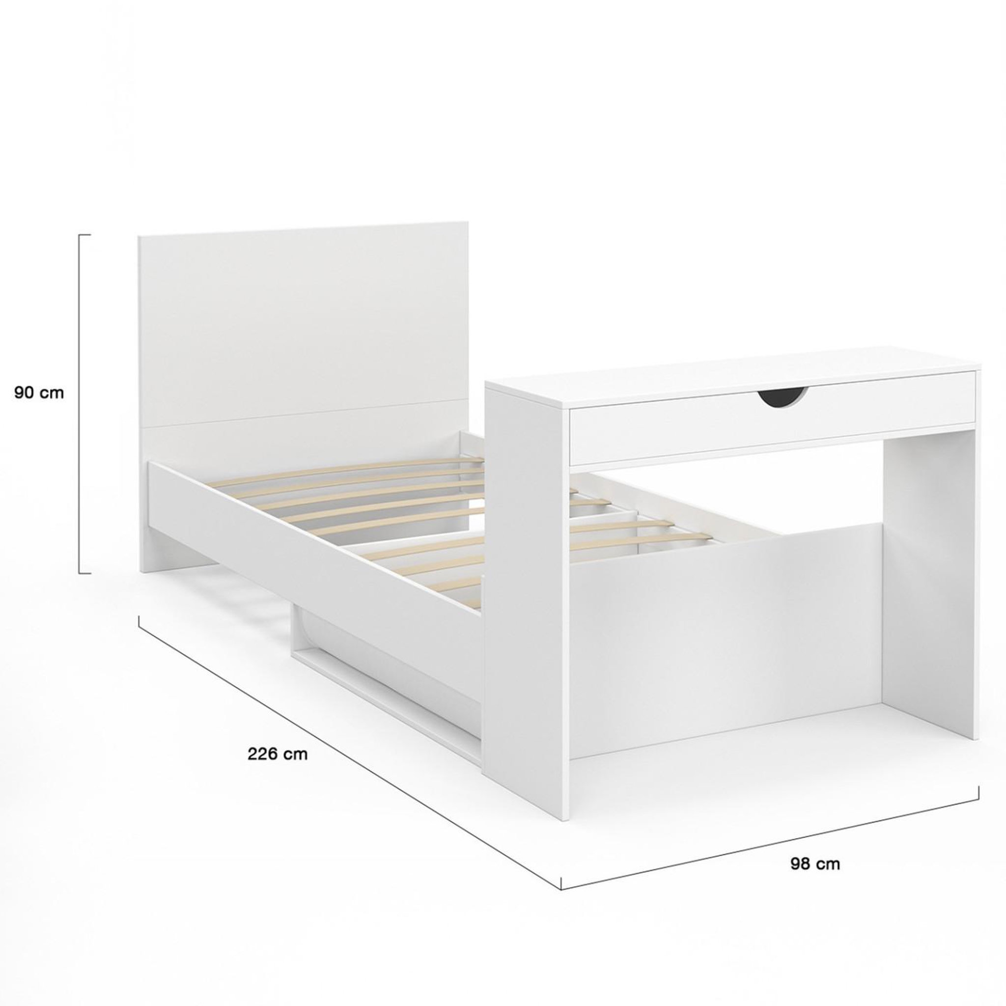 Voir la diapositive 4 : ID MARKET Lit simple omaha 90 x 190 cm avec sommier, tête de lit, bureau et rangements blanc