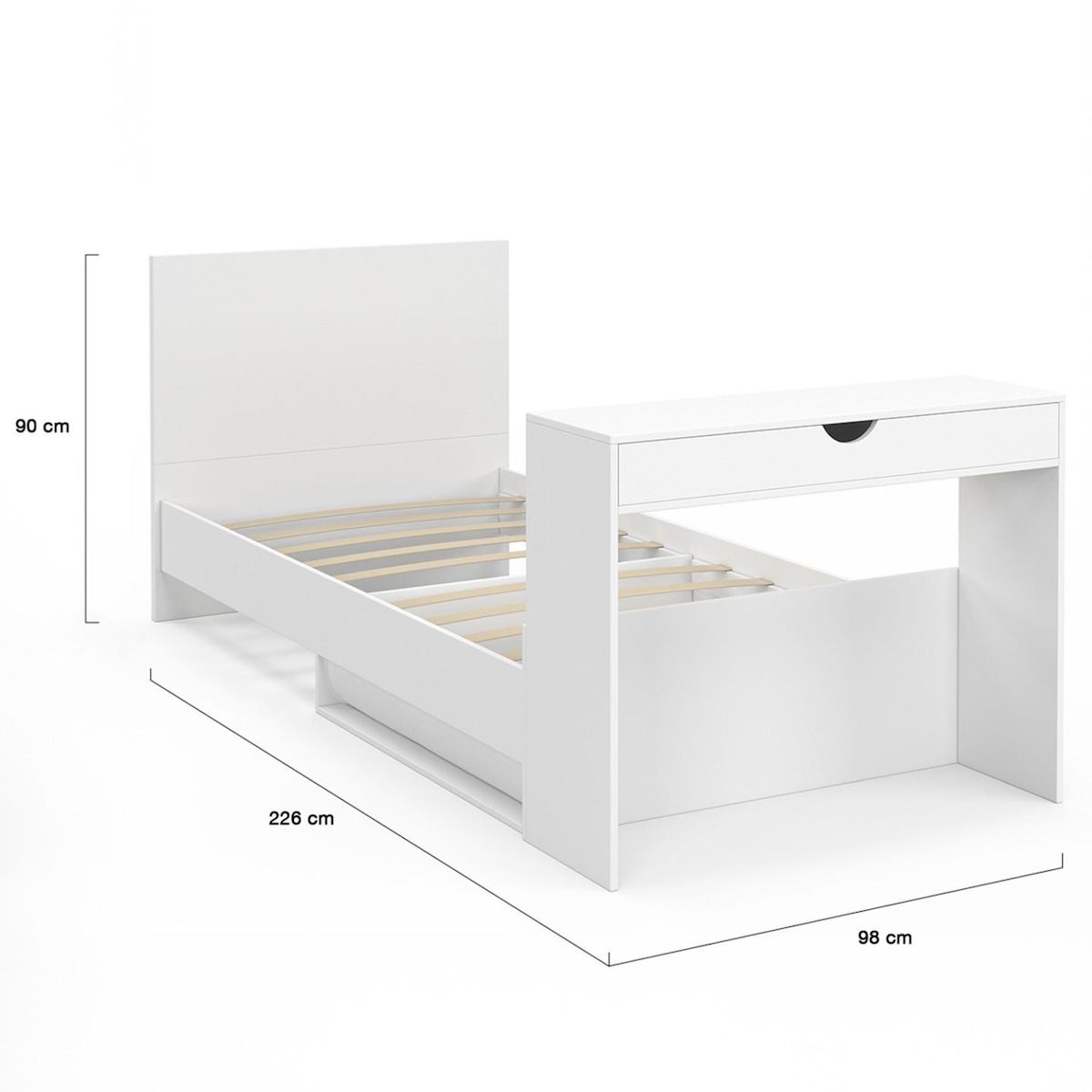 ID MARKET Lit simple OMAHA 90 x 190 cm avec sommier, tête de lit, bureau et rangements blanc