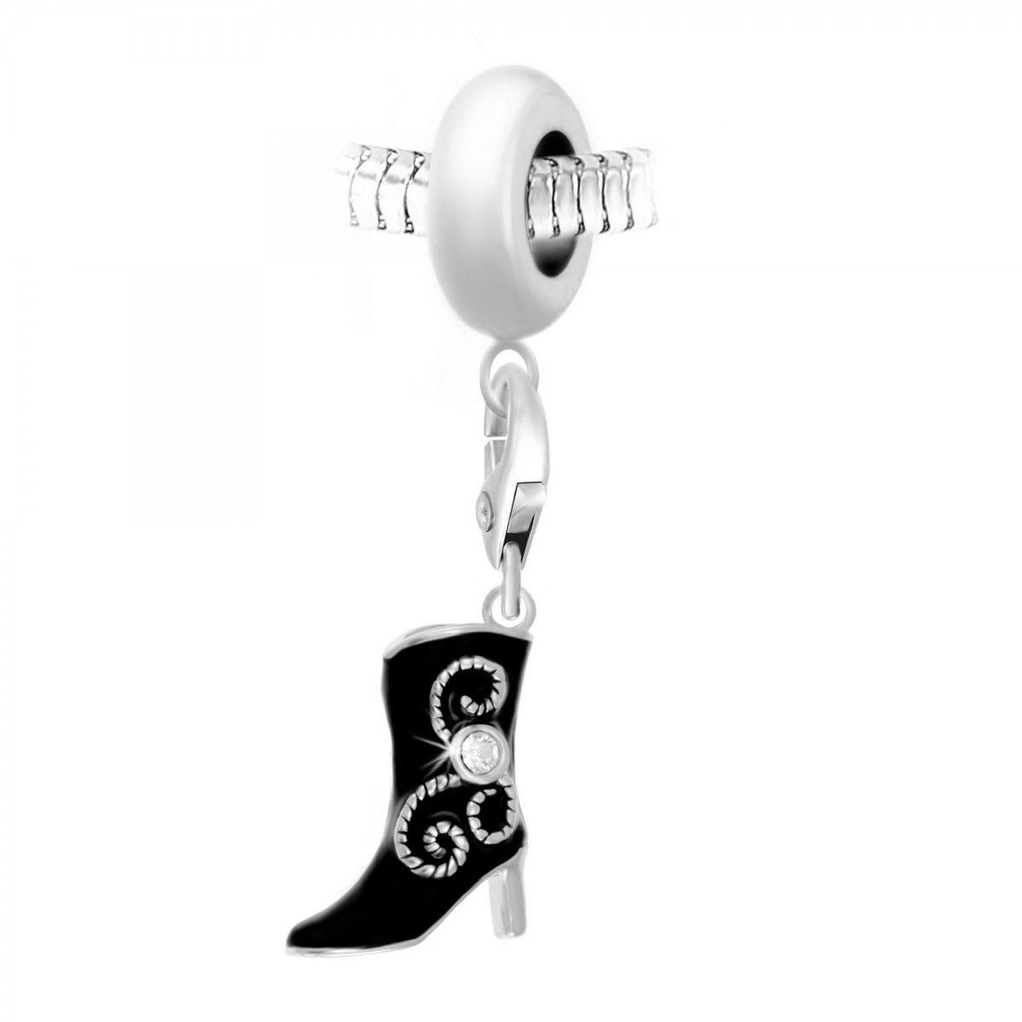 SC CRYSTAL Charm perle SC Crystal en acier avec pendentif botte noire orné de Cristaux scintillants