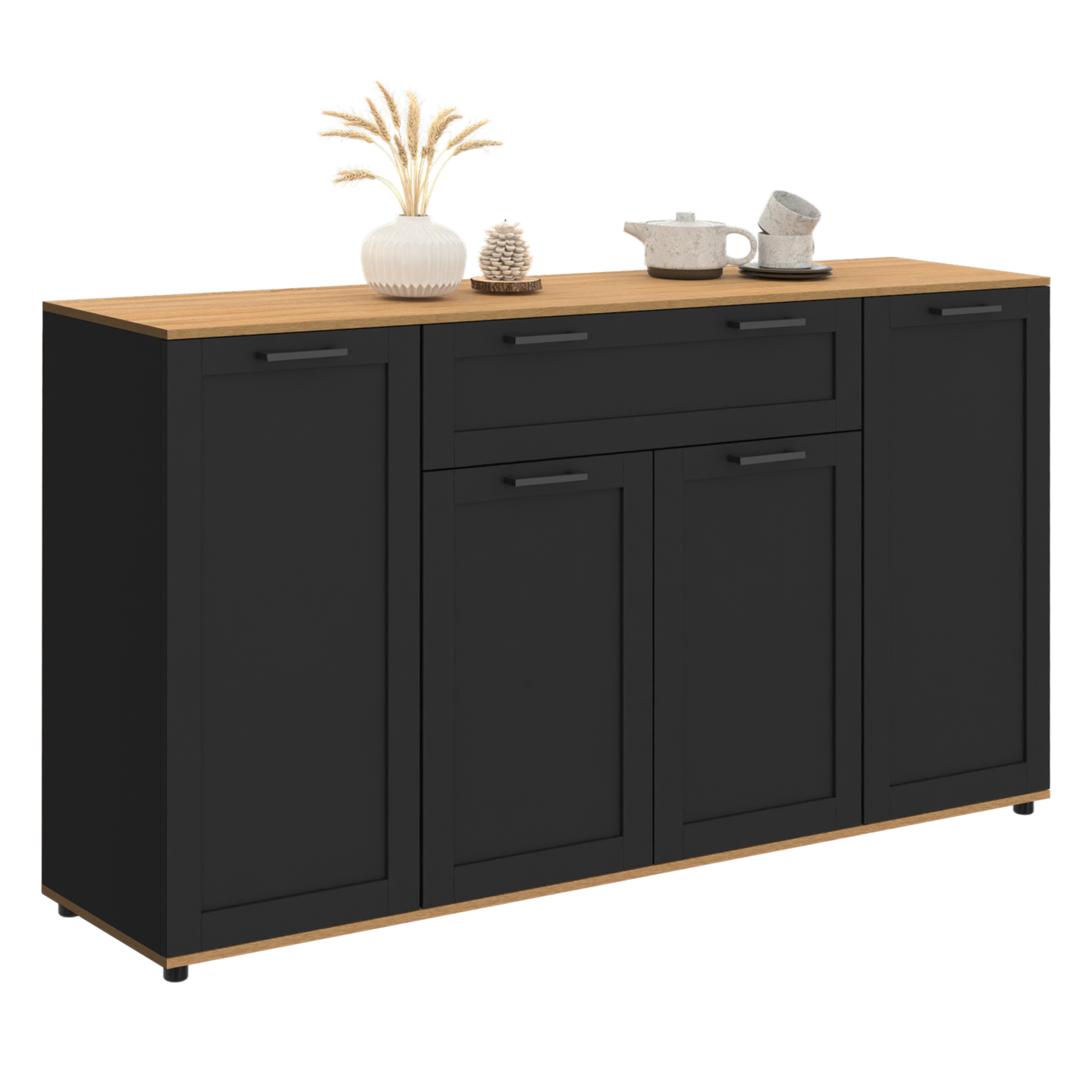 ID MARKET Buffet 140 cm vito 4 portes et 1 tiroir noir et bois