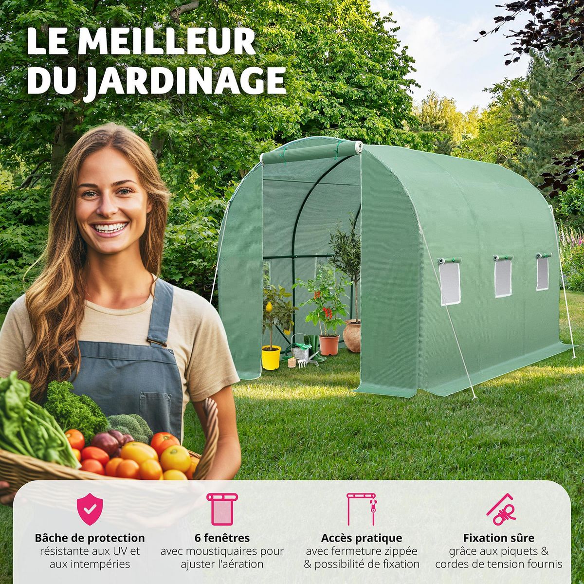 tectake Serre tunnel 11,4 m³ en forme de tunnel avec 6 fenêtres vert