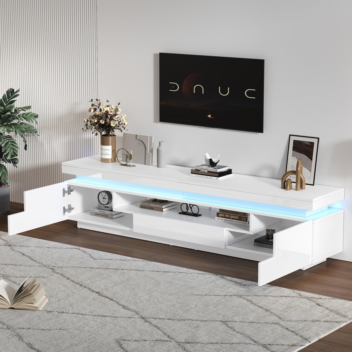 MERAX Meuble tv blanc 175 cm led panneau de particules