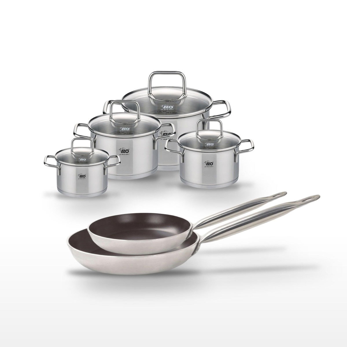 ELO Lot Poêles 28/32 cm céramique Elo Bistro Line et 4 Faitouts inox Elo Citrin