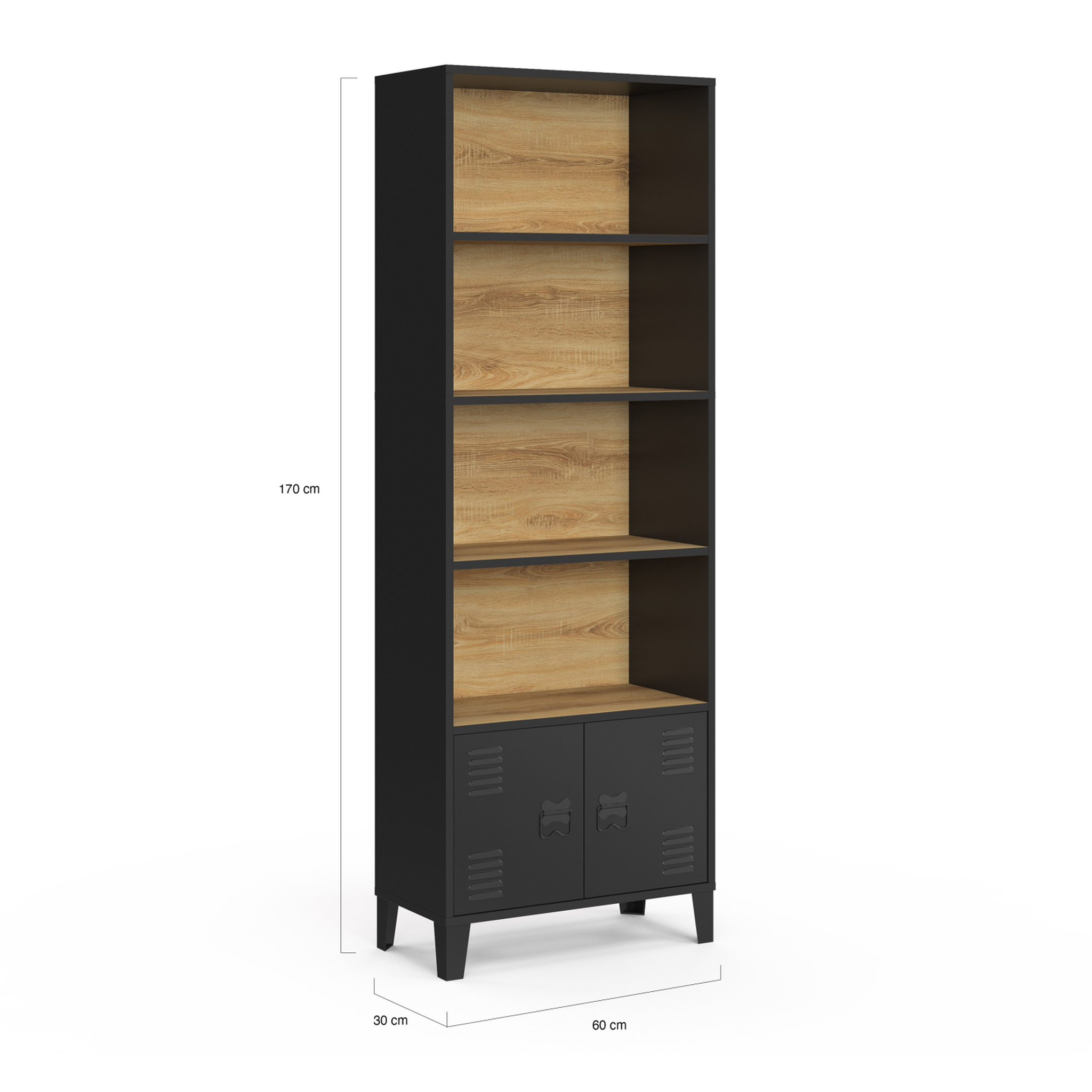 Voir la diapositive 5 : ID MARKET Etagère bibliothèque 5 niveaux avec placard ester portes métal noir et plateau bois design industriel