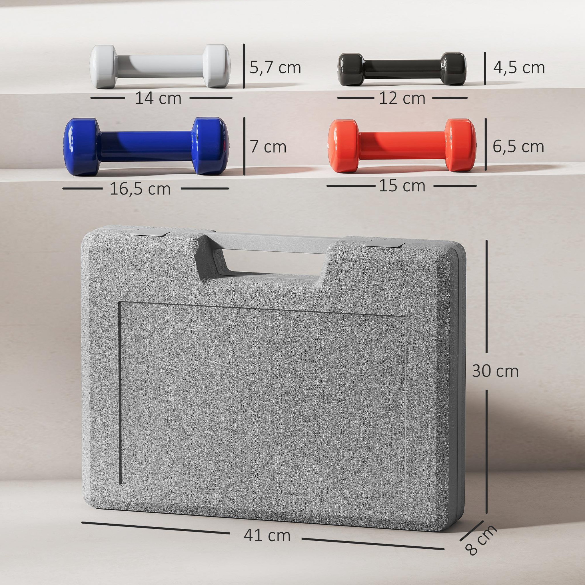 Voir la diapositive 3 : HOMCOM Ensemble d'haltères courtes total 10 Kg - collaboration Aosom.fr x FFHandball - paires de 0,5/1/1,5/2 Kg avec malette - métal PU multicolore
