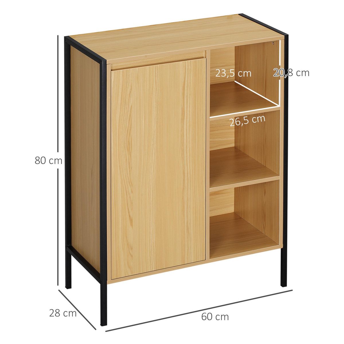 KLEANKIN Meuble salle de bain - porte, étagère, 3 niches - dim. 60L x 28l x 80H cm - châssis acier noir panneaux aspect bois clair