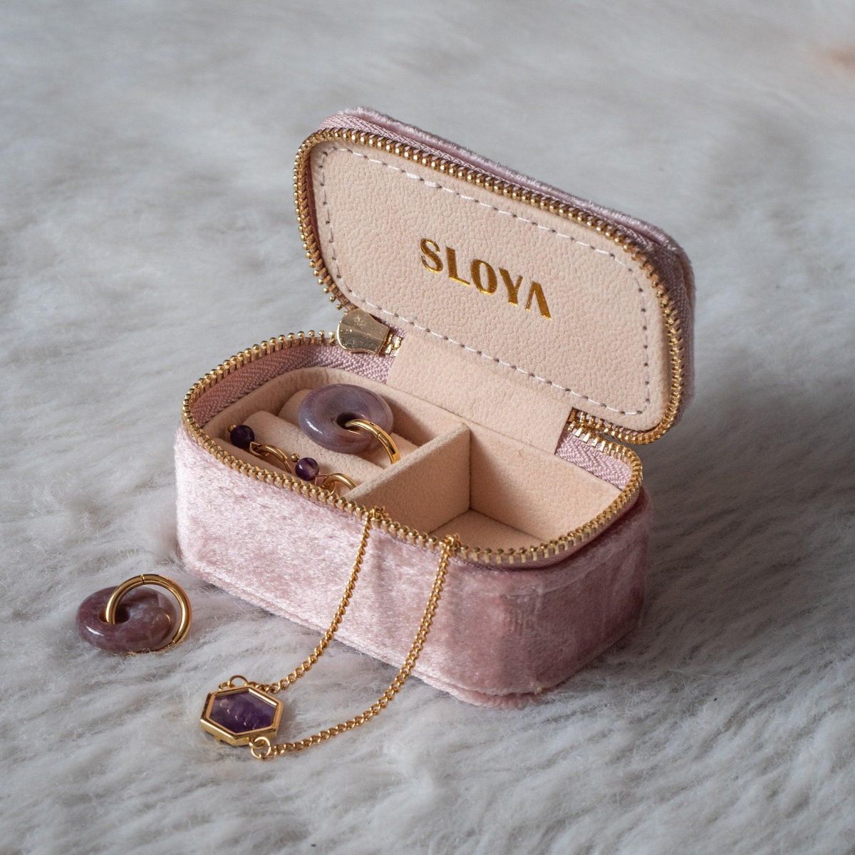 SLOYA Mini boîte à bijoux velours rose pêche