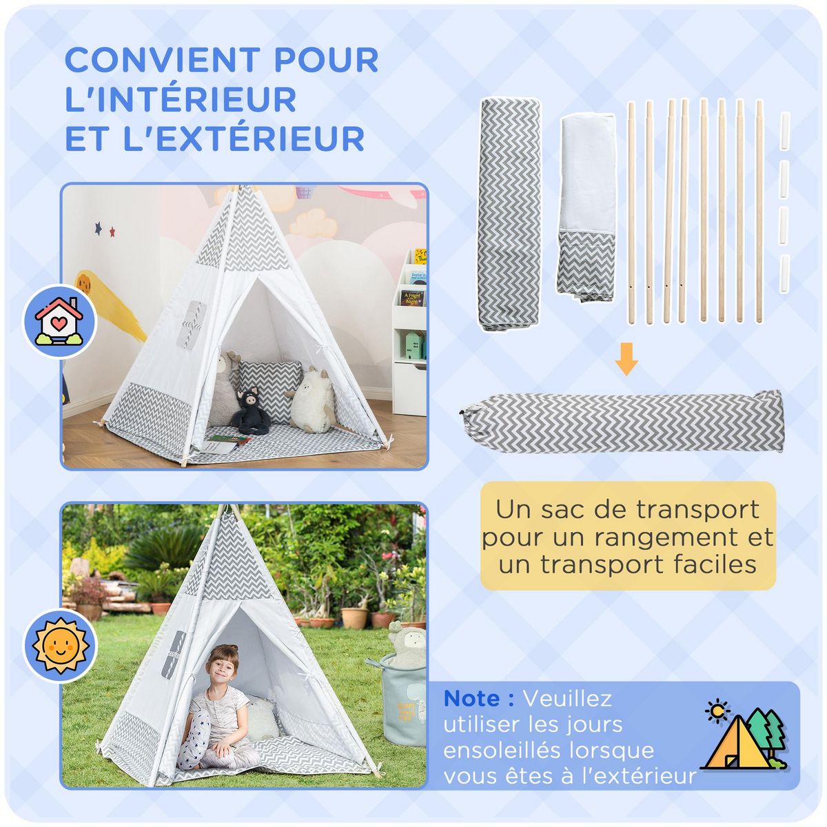 HOMCOM Tente teepee indien enfant style graphique - dim. 1,2L x 1,2I x 1,55H m - porte refermable, fenêtre, tapis, coussin, sac transport inclus - structure bois, toile polyester coton gris blanc